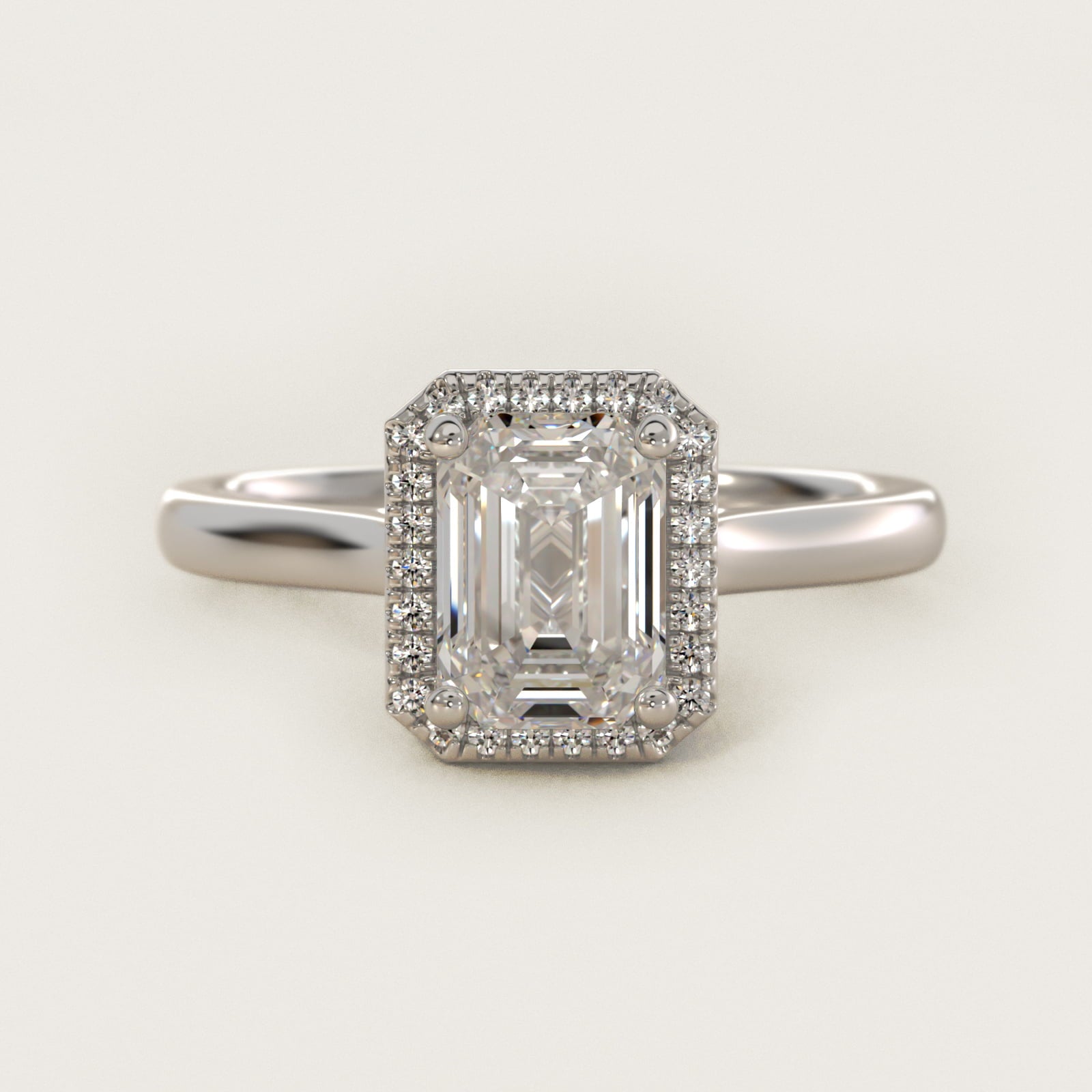 Plain Shank Floating Halo Engagement Ring in 14k White Gold - Emerald Center