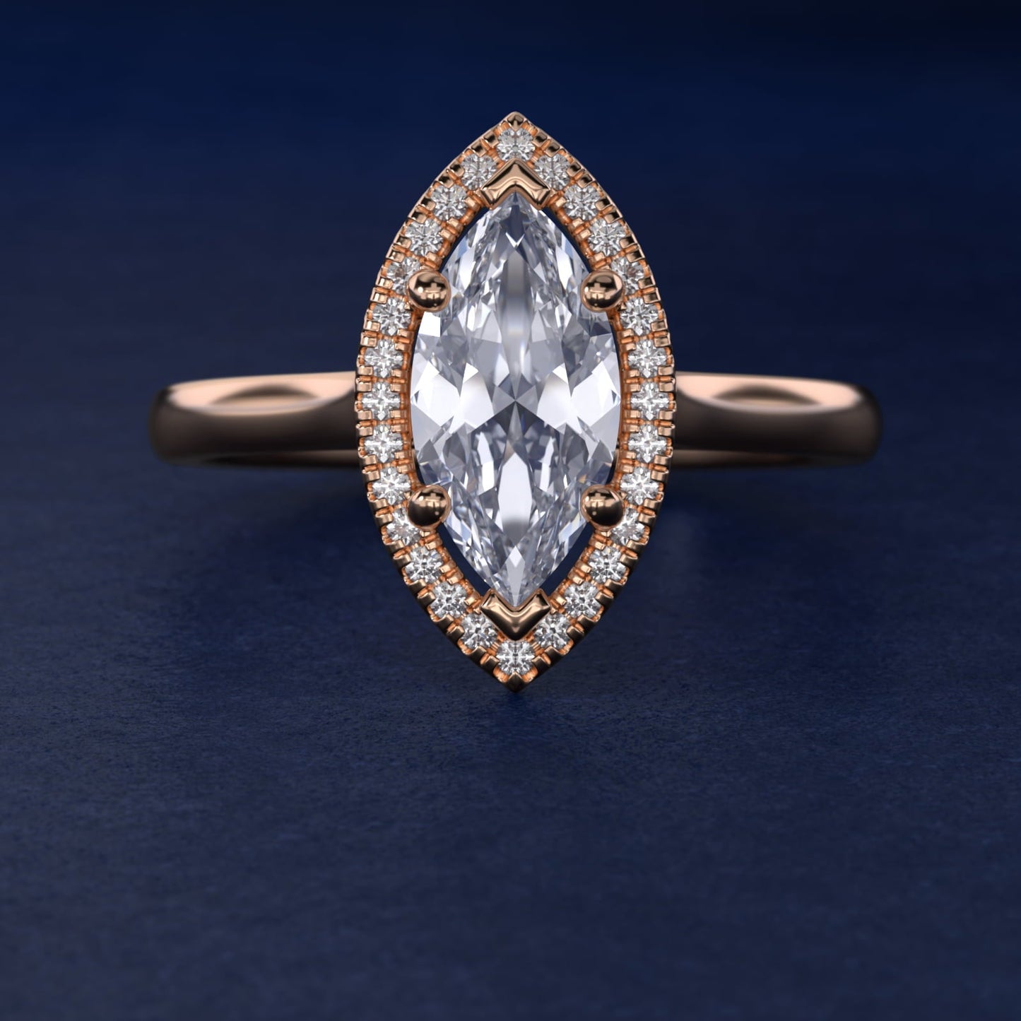Plain Shank Floating Halo Engagement Ring in 18k Rose Gold - Marquise Center