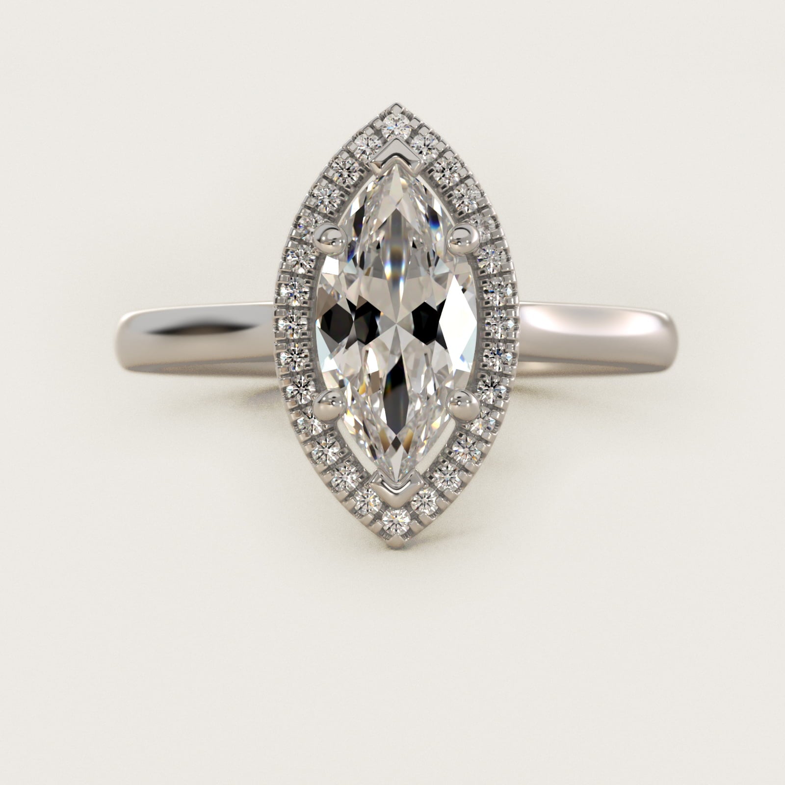 Plain Shank Floating Halo Engagement Ring in 14k White Gold - Marquise Center