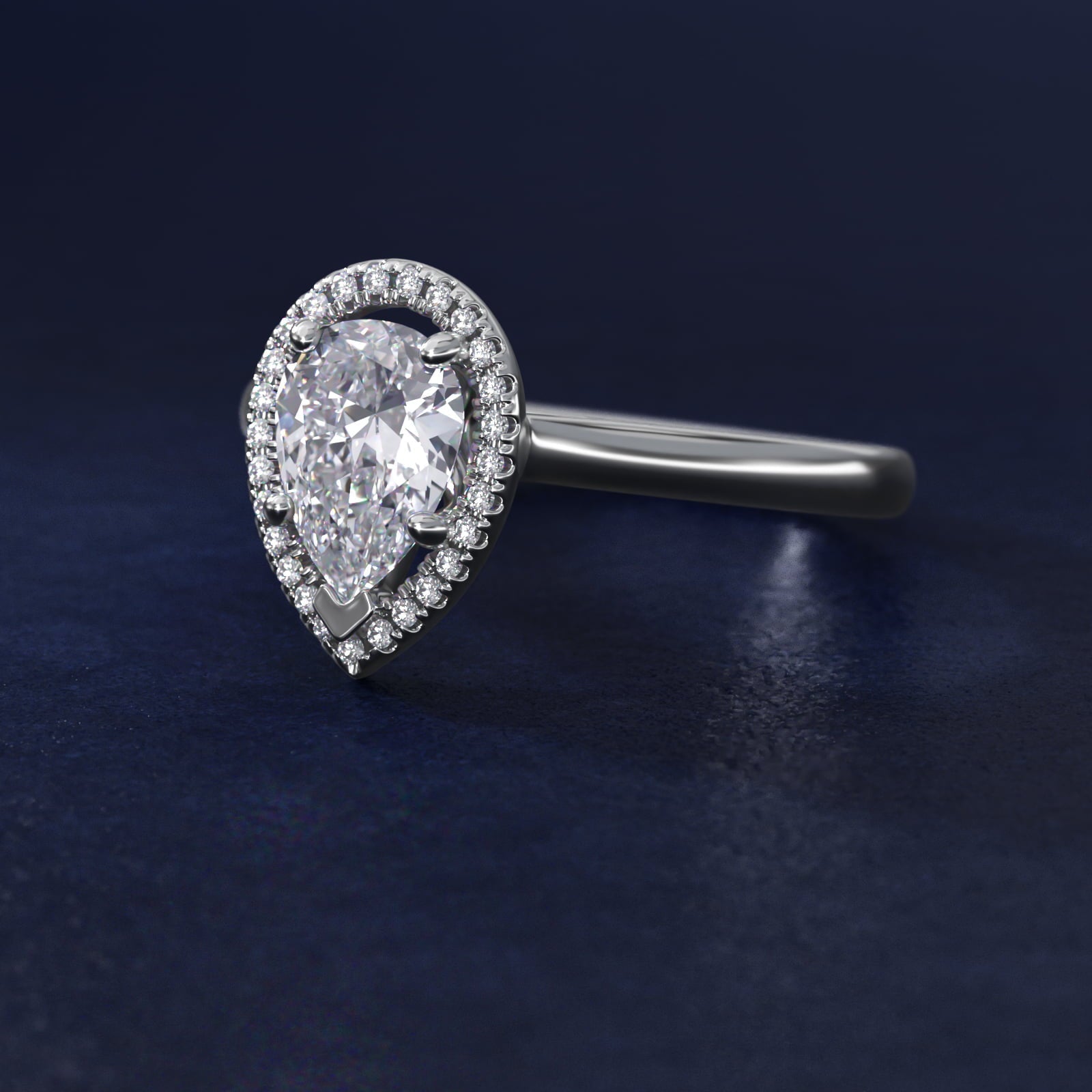 Plain Shank Floating Halo Engagement Ring in 18k White Gold - Pear Center