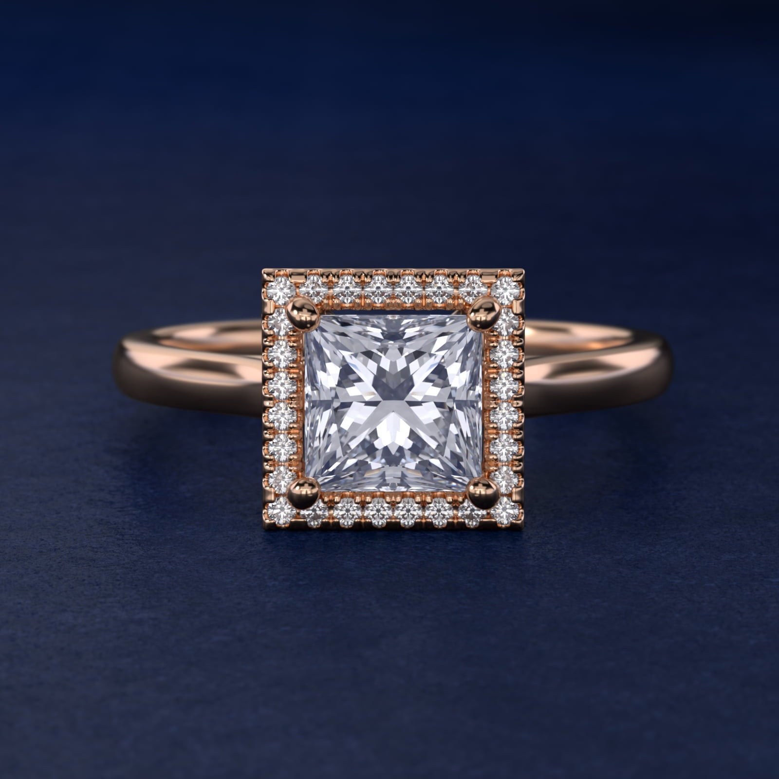 Plain Shank Floating Halo Engagement Ring in 18k Rose Gold - Princess Center