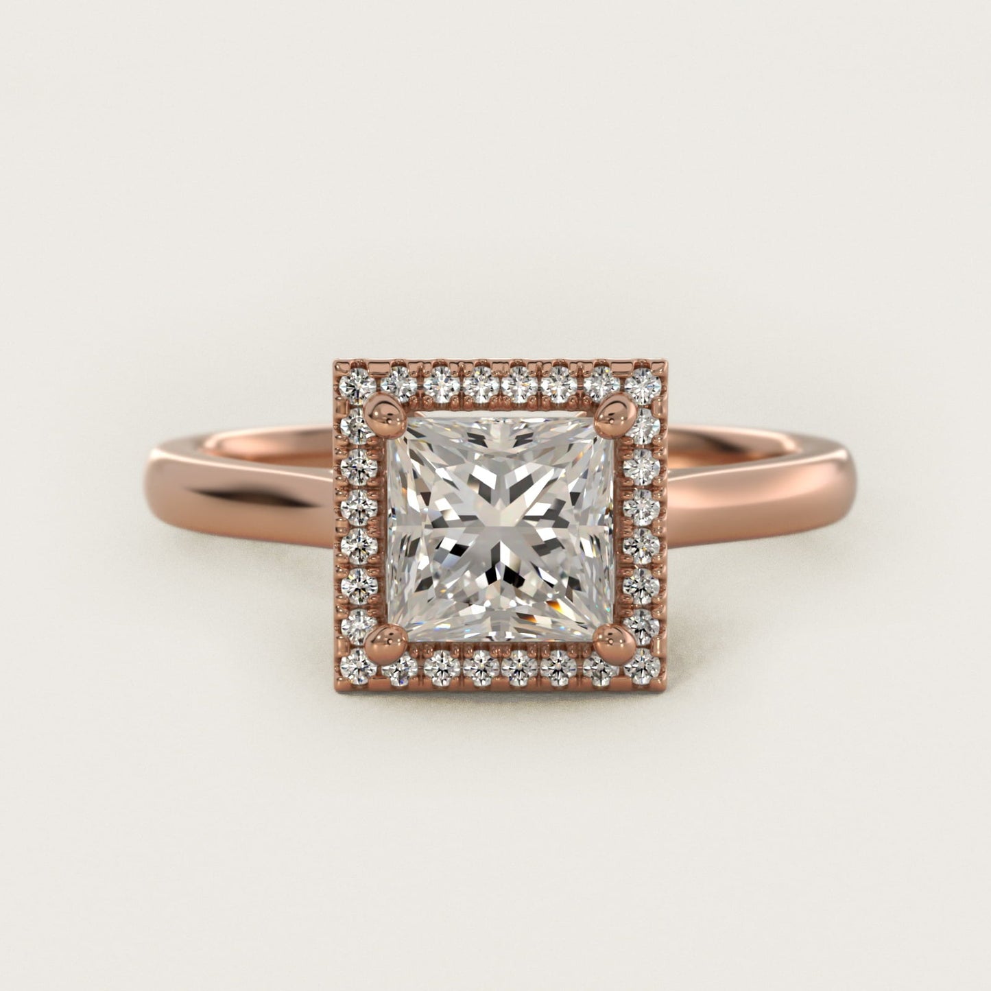 Plain Shank Floating Halo Engagement Ring in 18k Rose Gold - Princess Center