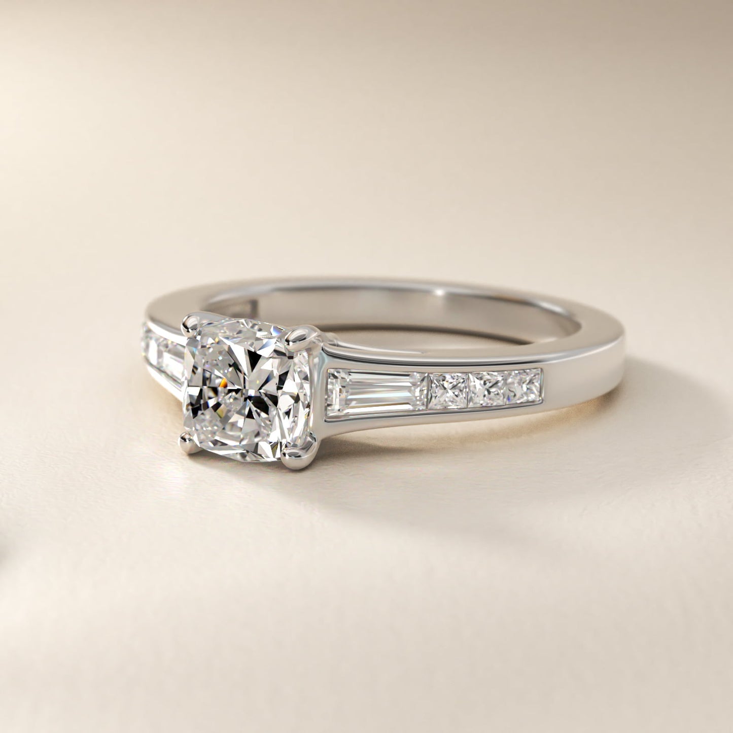Engagement Ring With Channel Set Tapered Baguette And Princess Cut Diamonds In 18k White Gold By James Allen - Cushion Center