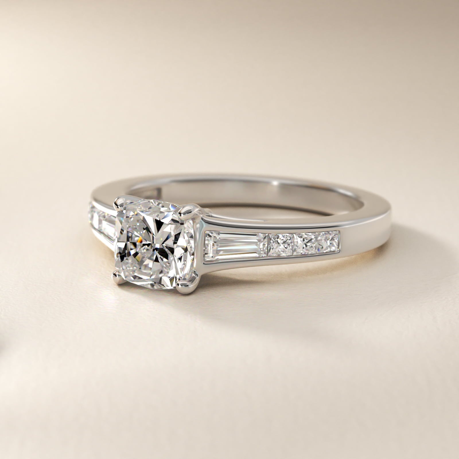 Engagement Ring With Channel Set Tapered Baguette And Princess Cut Diamonds In 18k White Gold By James Allen - Cushion Center