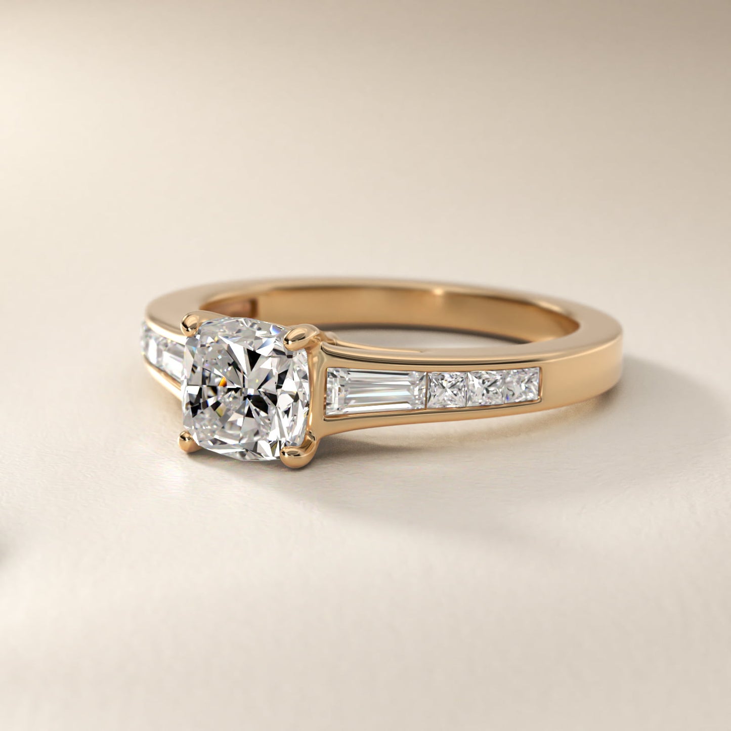 Engagement Ring With Channel Set Tapered Baguette And Princess Cut Diamonds In 14K Yellow Gold By James Allen - Cushion Center