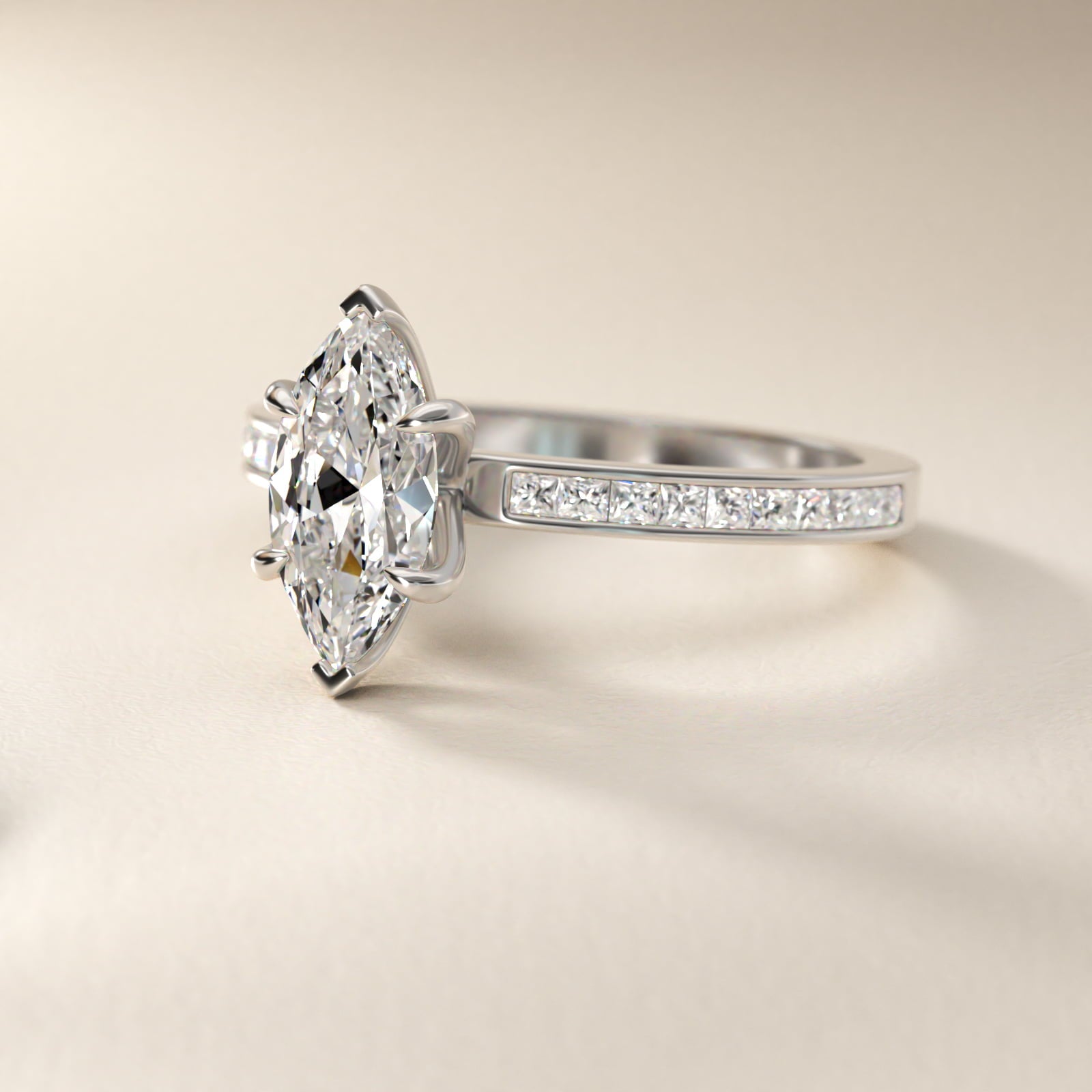 Engagement Ring With Channel Set Princess Cut Diamonds In 14K White Gold By James Allen - Marquise Center