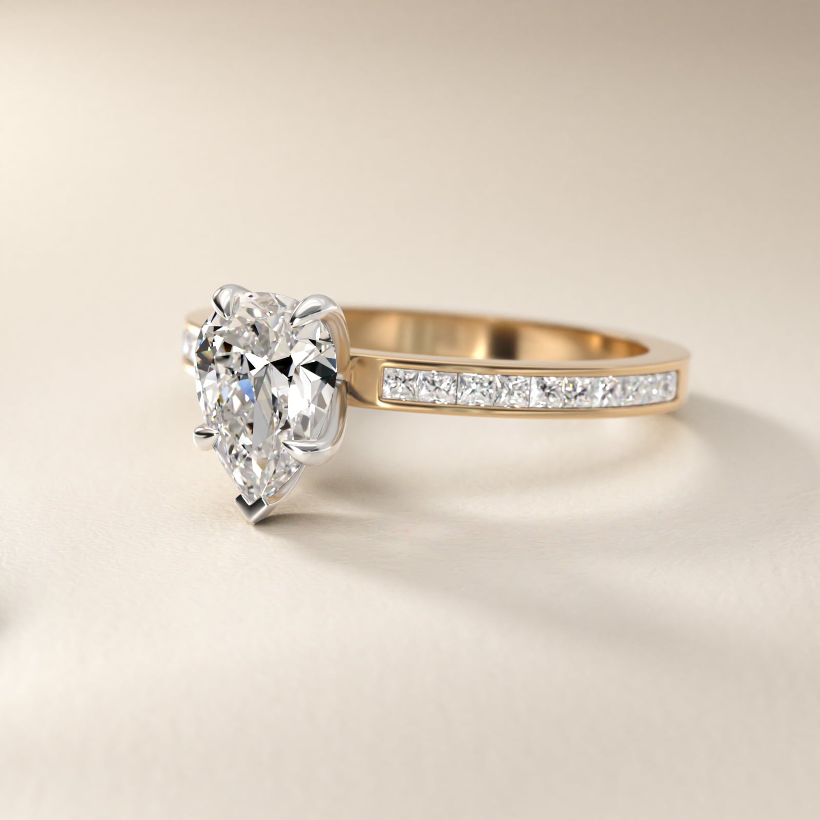 Engagement Ring With Channel Set Princess Cut Diamonds In 18k Yellow Gold By James Allen - Pear Center