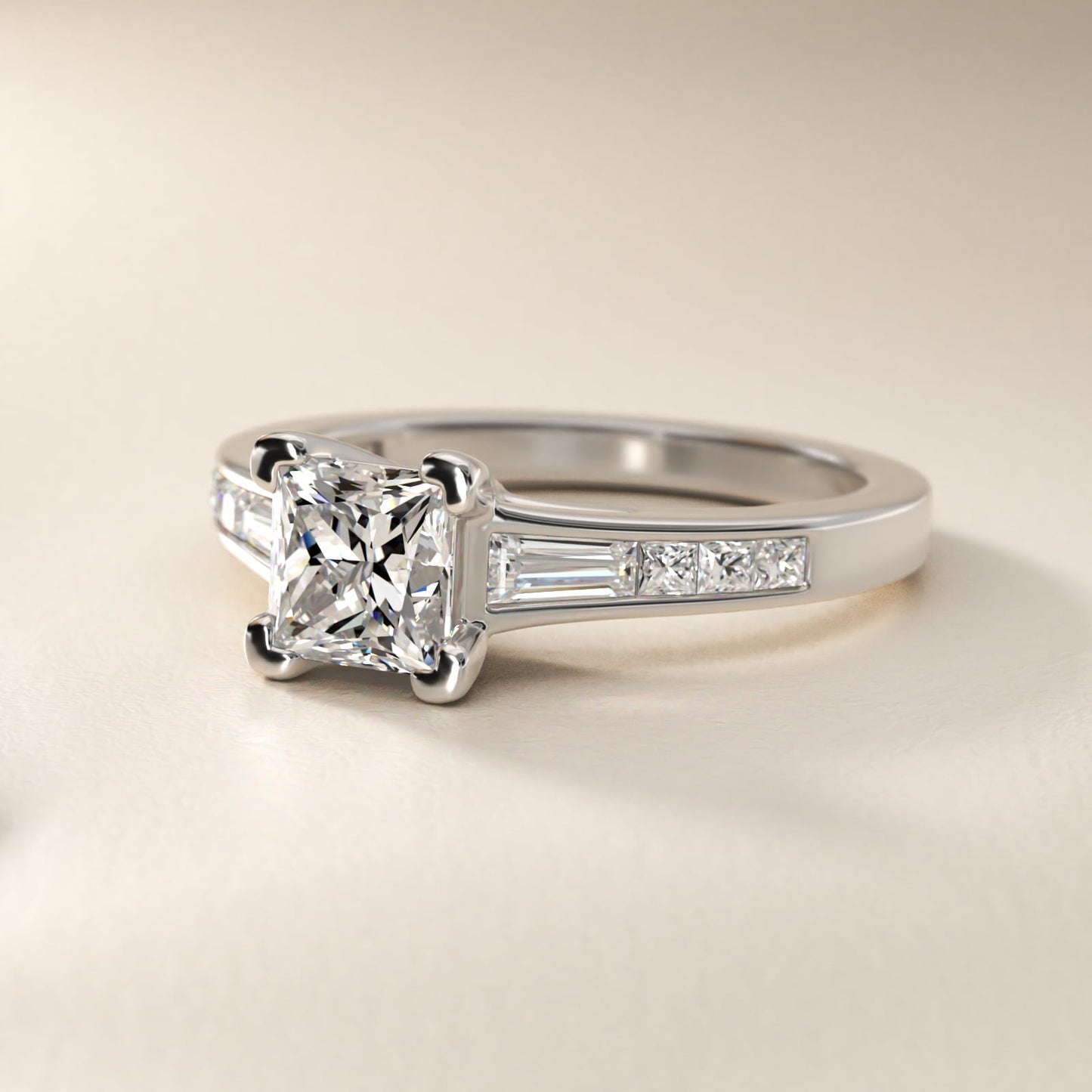 Engagement Ring With Channel Set Tapered Baguette And Princess Cut Diamonds In 14K White Gold By James Allen - Princess Center