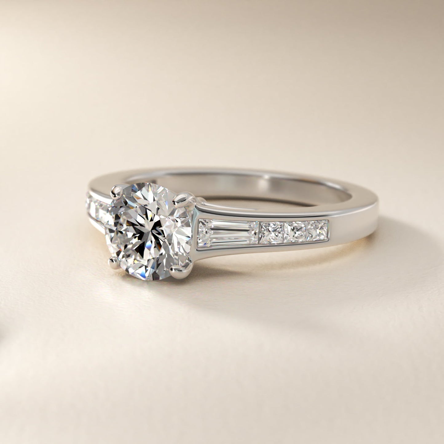 Engagement Ring With Channel Set Tapered Baguette And Princess Cut Diamonds In 14K White Gold By James Allen - Round Center