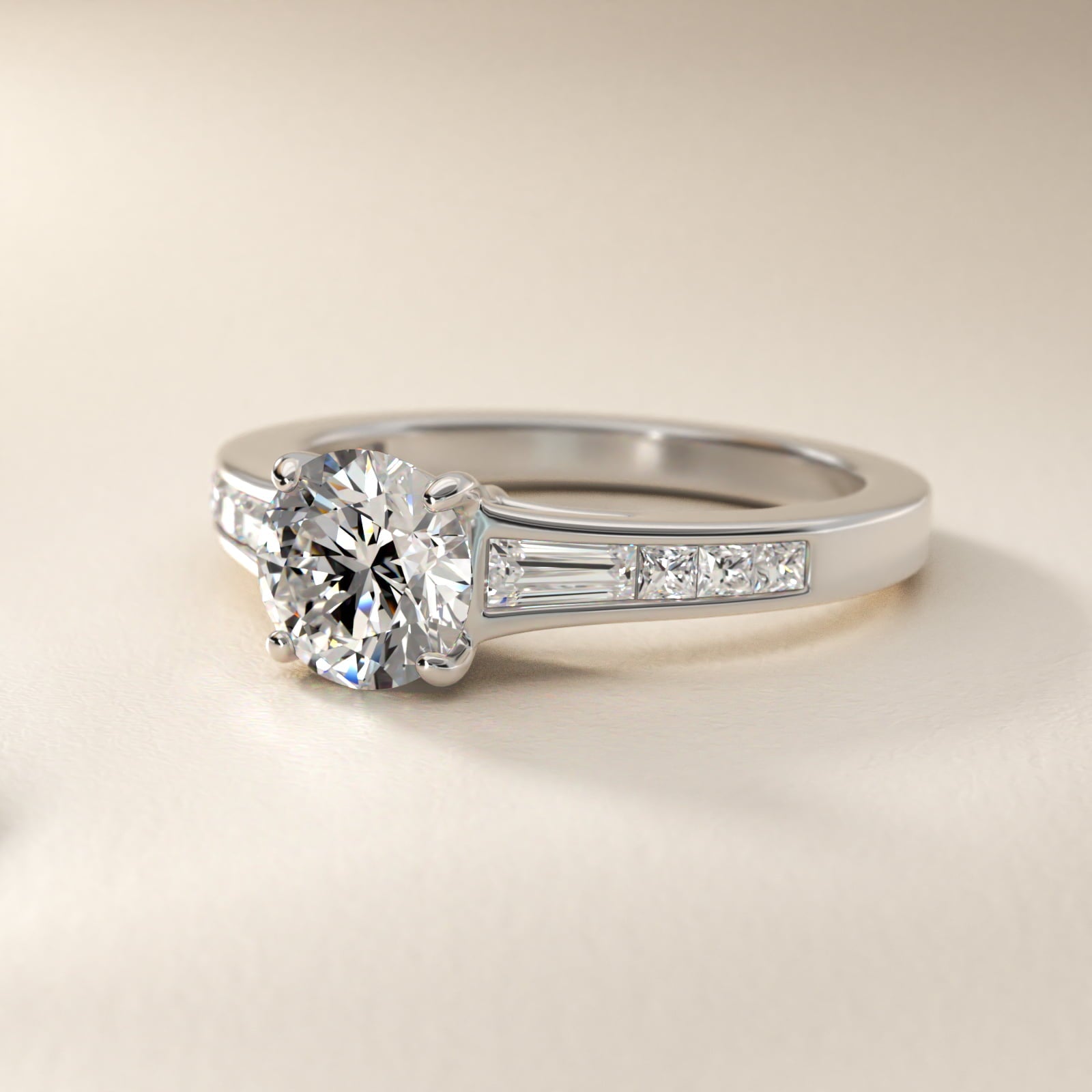Engagement Ring With Channel Set Tapered Baguette And Princess Cut Diamonds In 14K White Gold By James Allen - Round Center