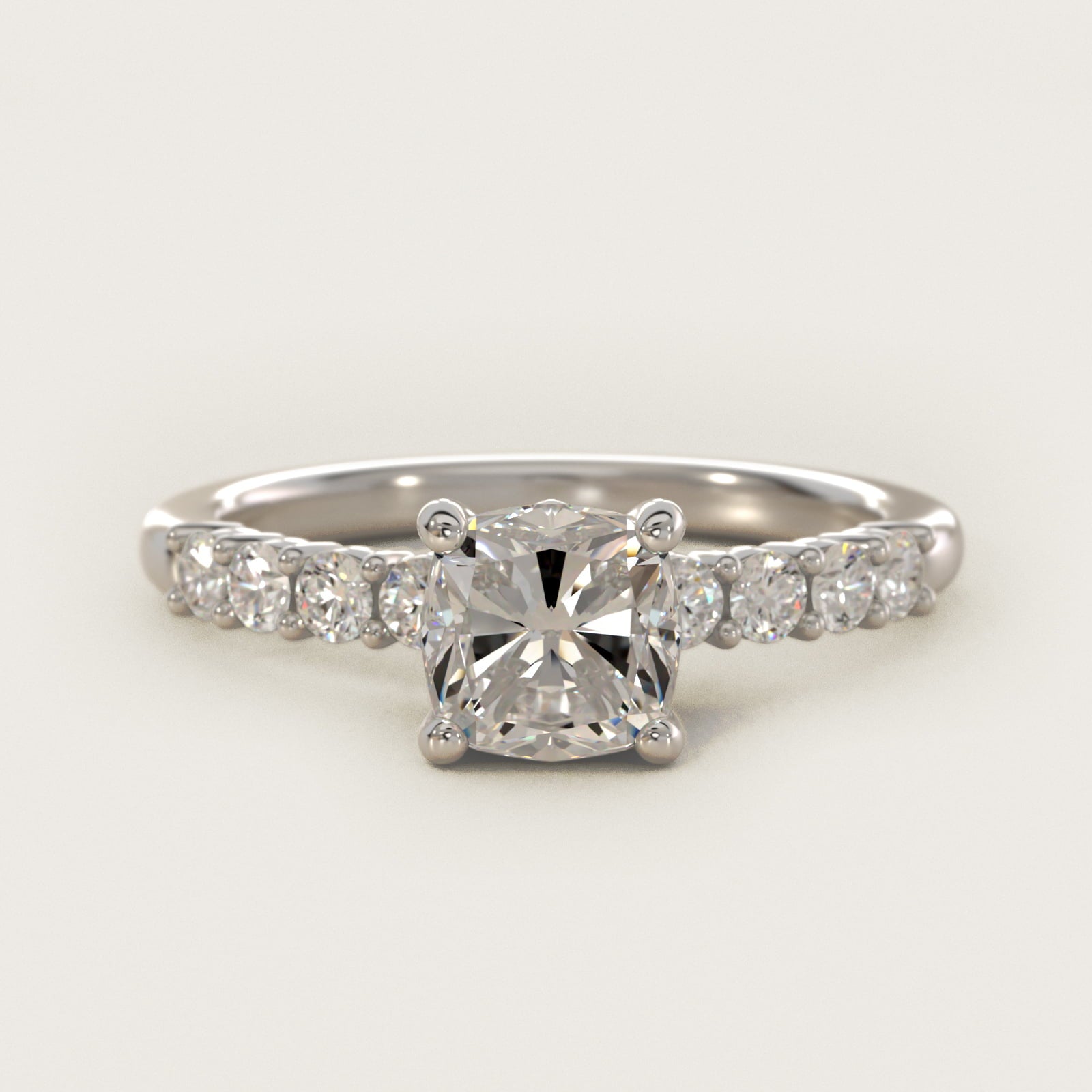 Prong Set Side Stone Diamond Engagement Ring In 14K White Gold By James Allen - Cushion Center