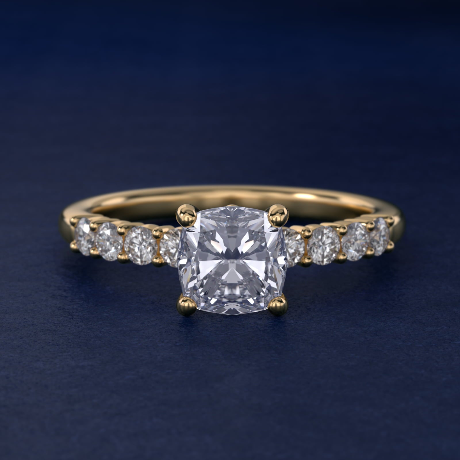 Prong Set Side Stone Diamond Engagement Ring In 14K Yellow Gold By James Allen - Cushion Center