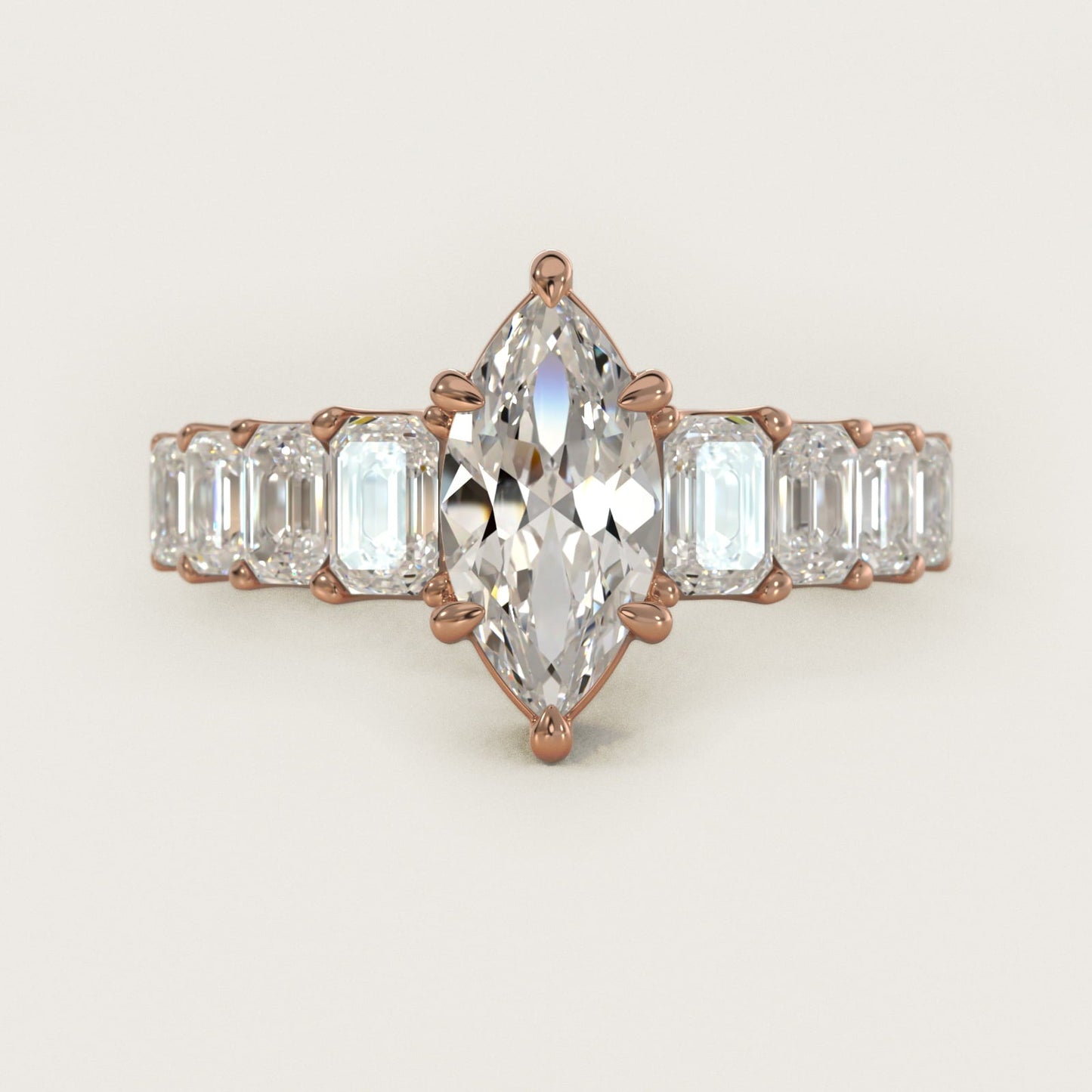 Radiant-Cut Diamond Engagement Ring in 18k Rose Gold - Marquise Center