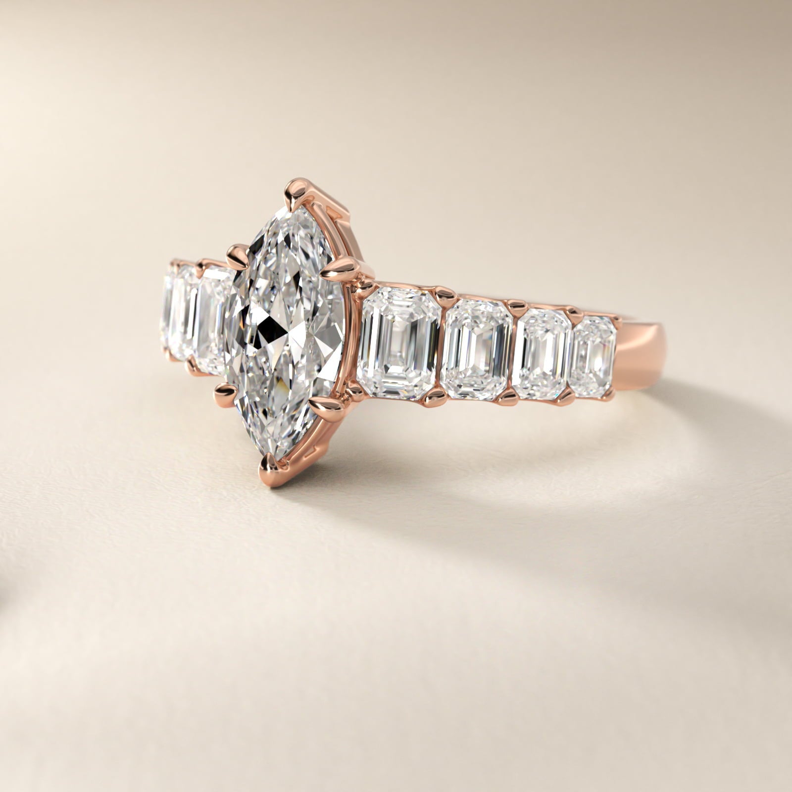 Radiant-Cut Diamond Engagement Ring in 18k Rose Gold - Marquise Center