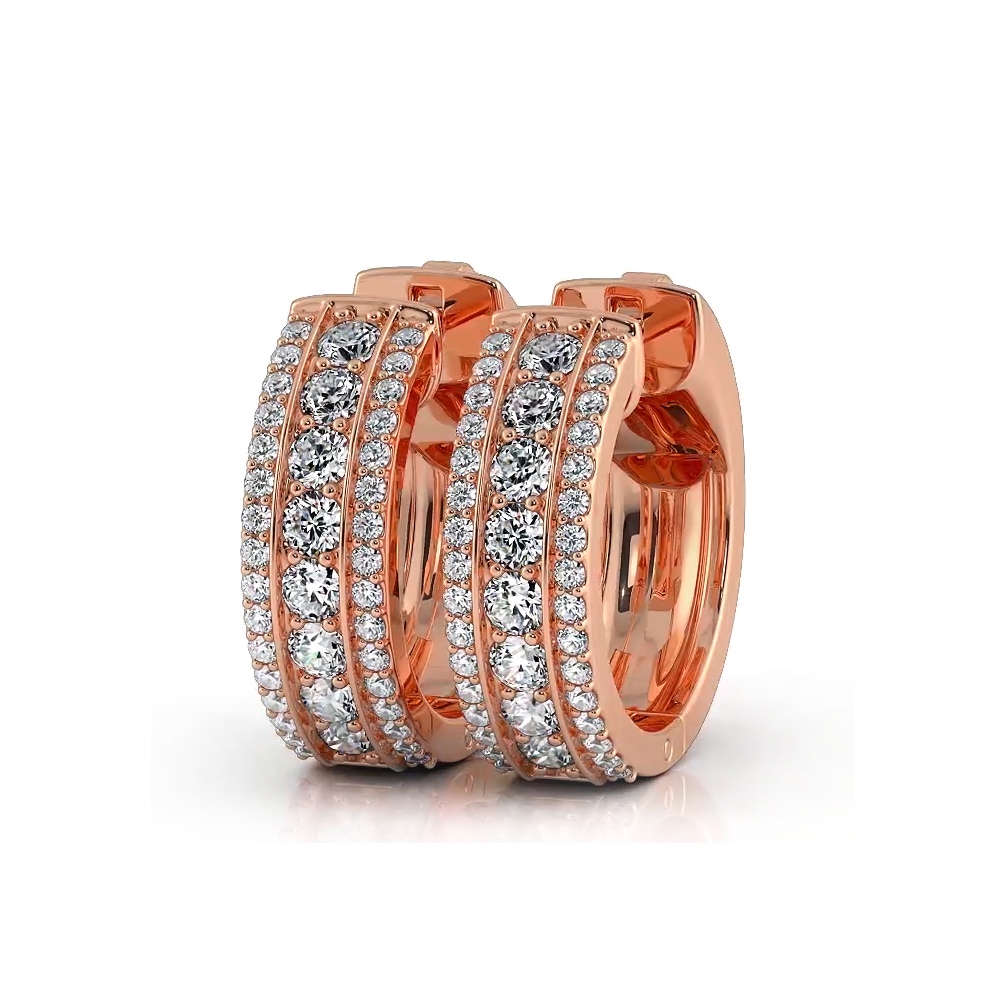 Three Row  1.0 ctw. Diamond Hoop Earrings Huggie Style - 14K Yellow Gold - F-G Color VS1-VS2 Clarity