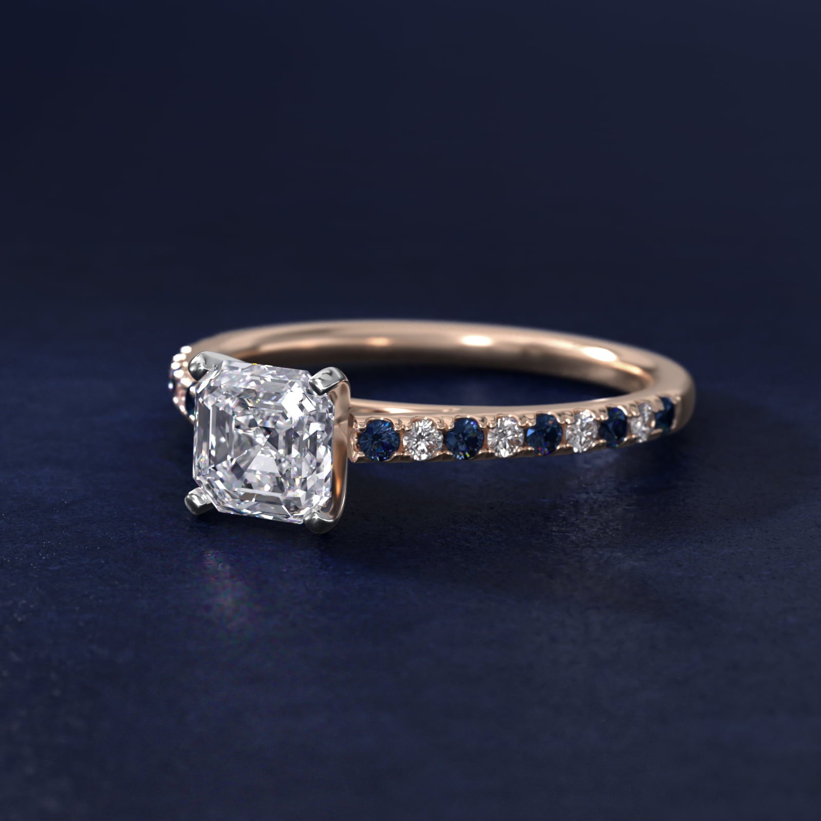 Riviera MicropavŽ Sapphire and Diamond Engagement Ring in 18k Rose Gold - Asscher Center