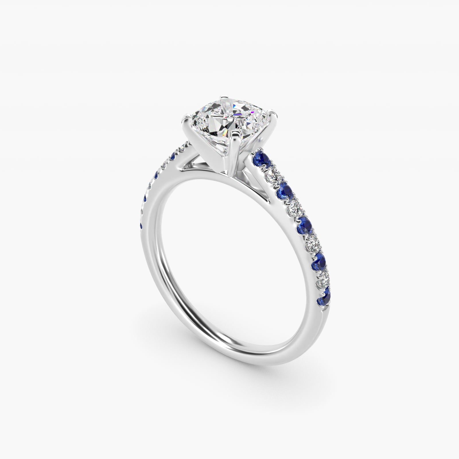Riviera MicropavŽ Sapphire and Diamond Engagement Ring in 18k White Gold - Cushion Center