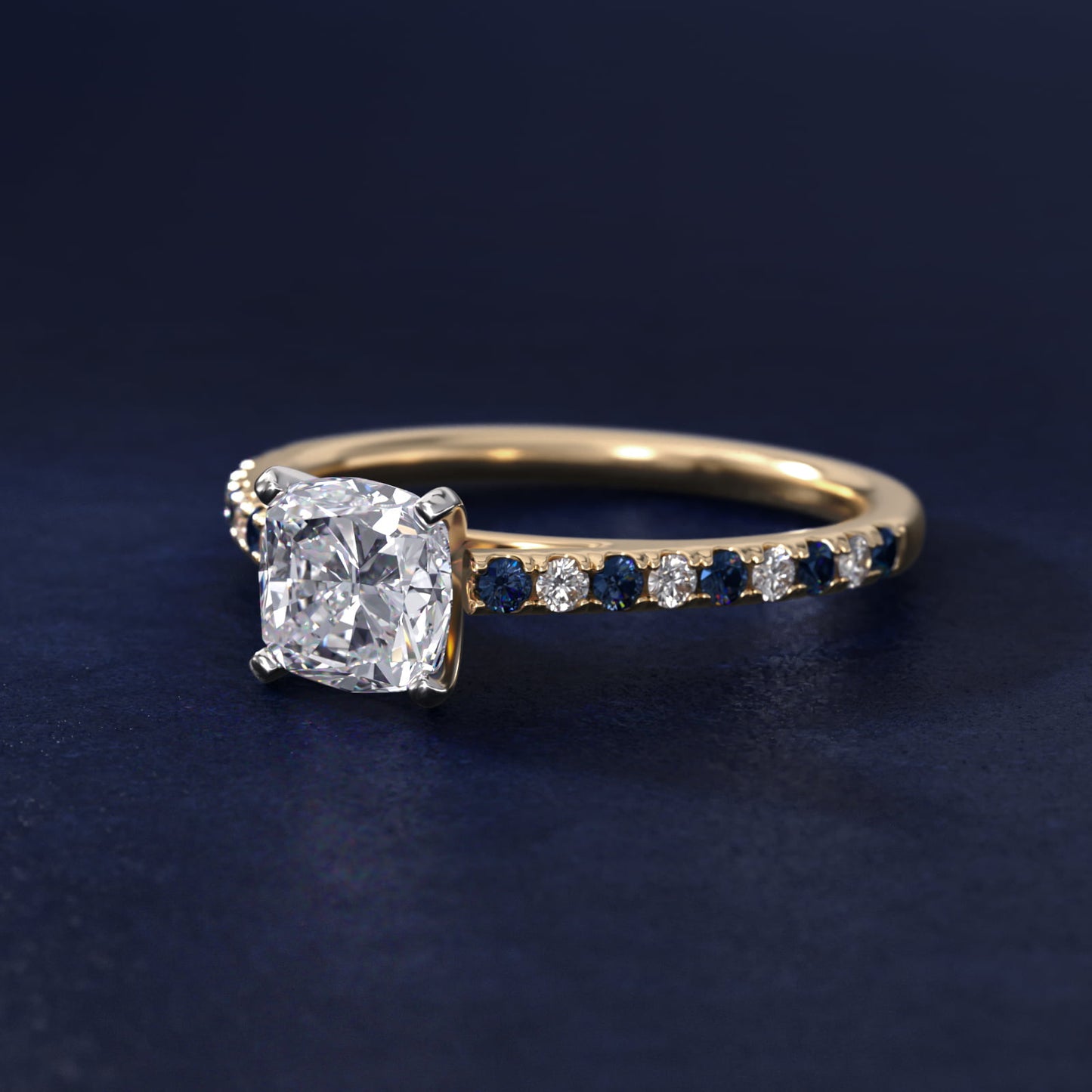 Riviera MicropavŽ Sapphire and Diamond Engagement Ring in 14K Yellow Gold - Cushion Center