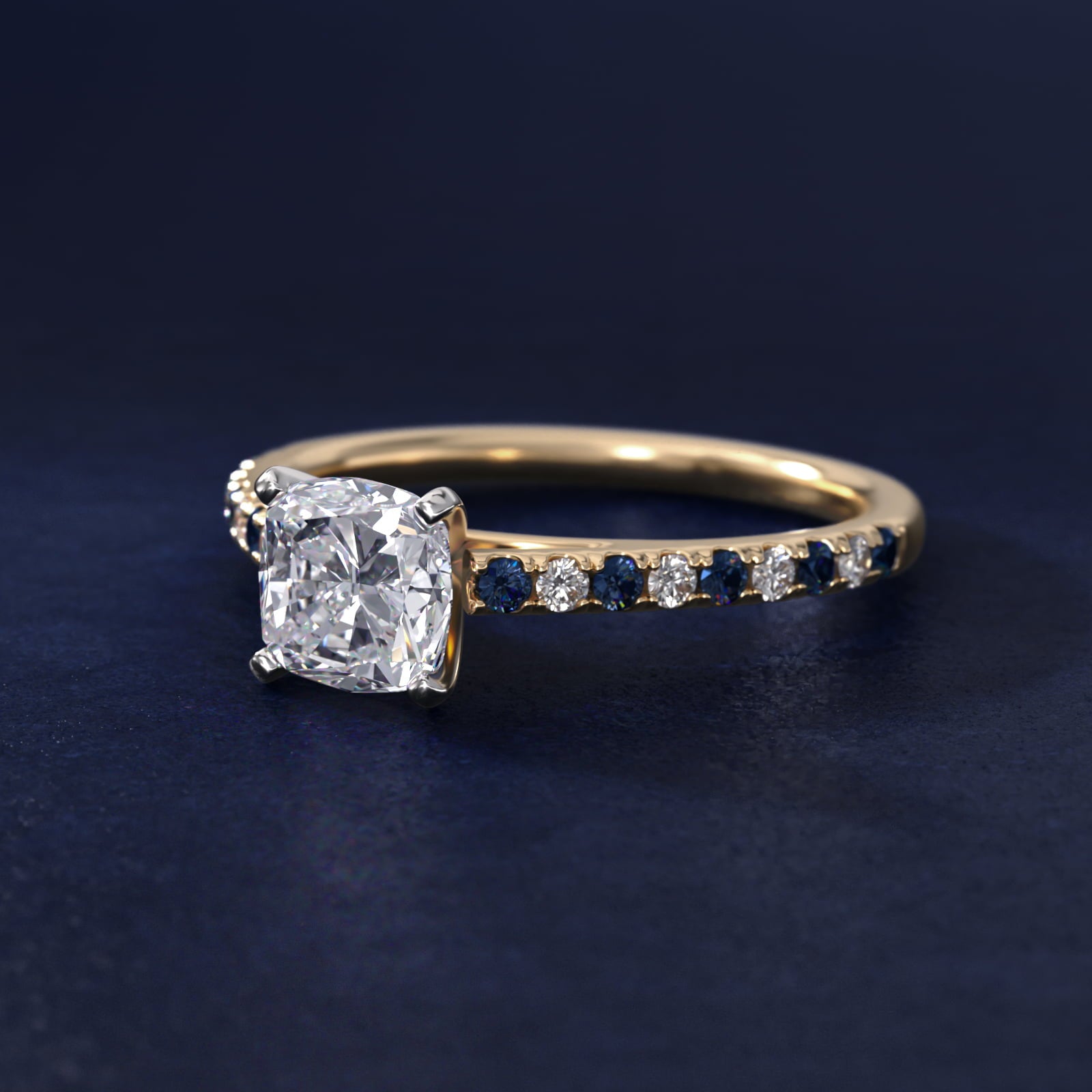 Riviera MicropavŽ Sapphire and Diamond Engagement Ring in 18k Yellow Gold - Cushion Center