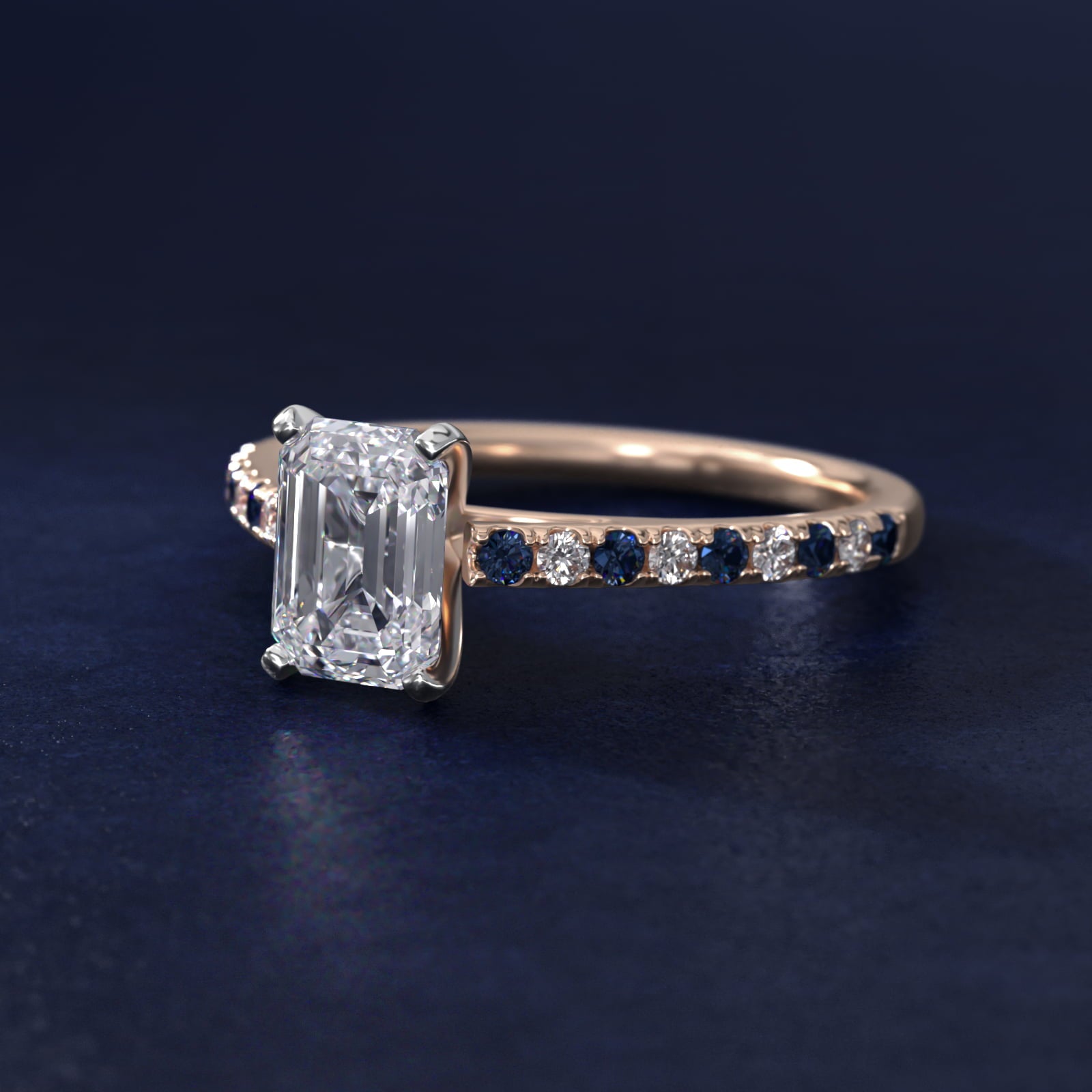 Riviera MicropavŽ Sapphire and Diamond Engagement Ring in 18k Rose Gold - Emerald Center