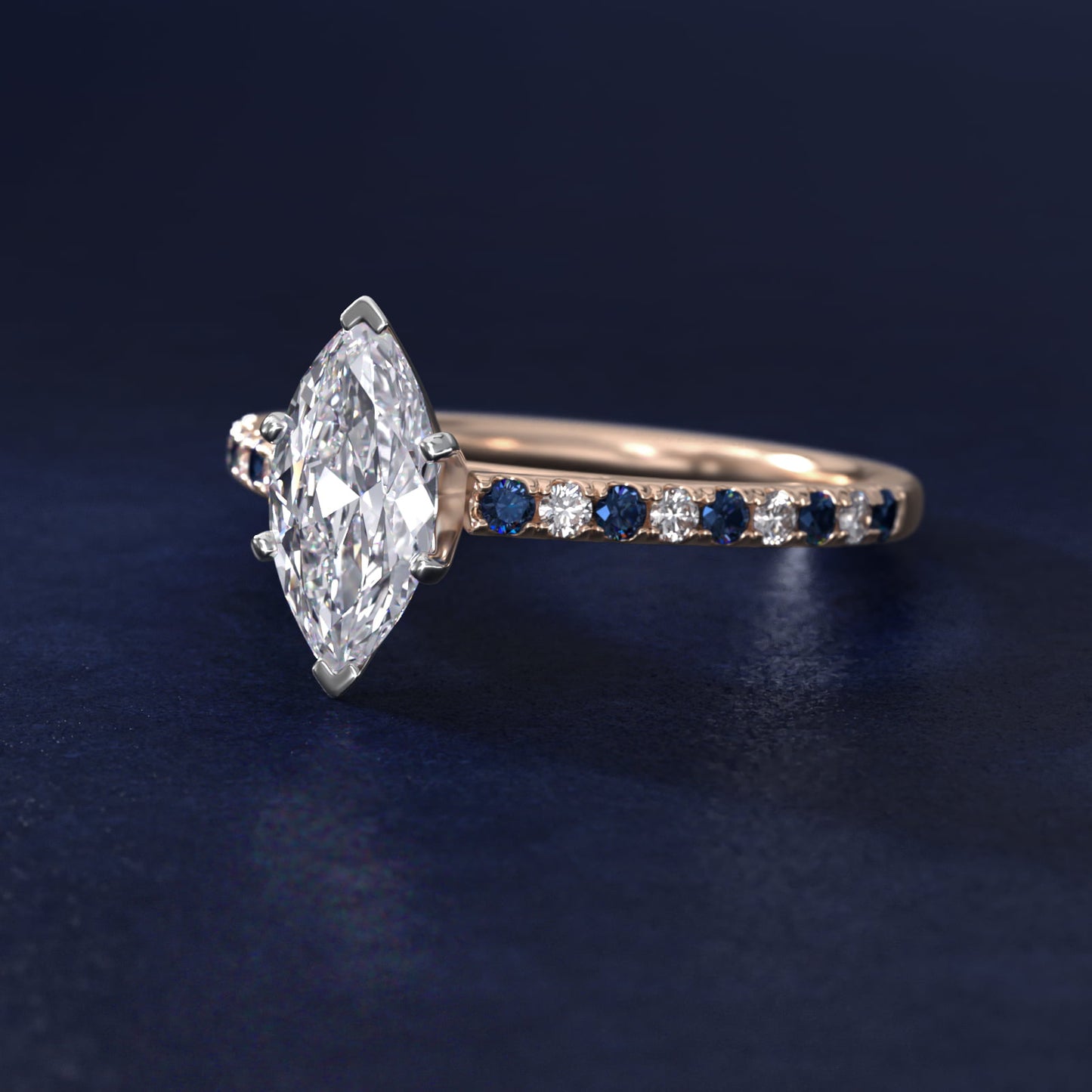 Riviera MicropavŽ Sapphire and Diamond Engagement Ring in 18k Rose Gold - Marquise Center