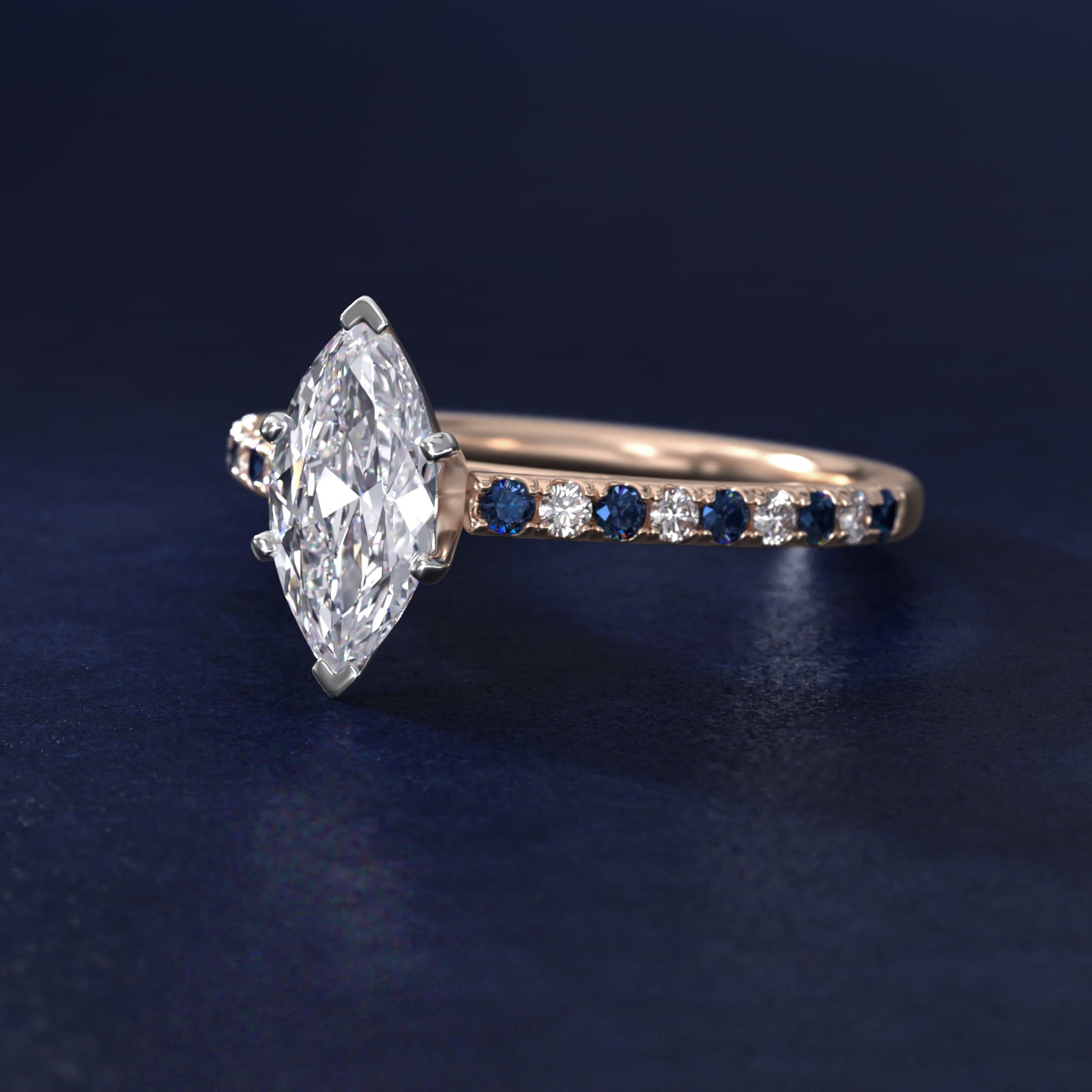 Riviera MicropavŽ Sapphire and Diamond Engagement Ring in 18k Rose Gold - Marquise Center