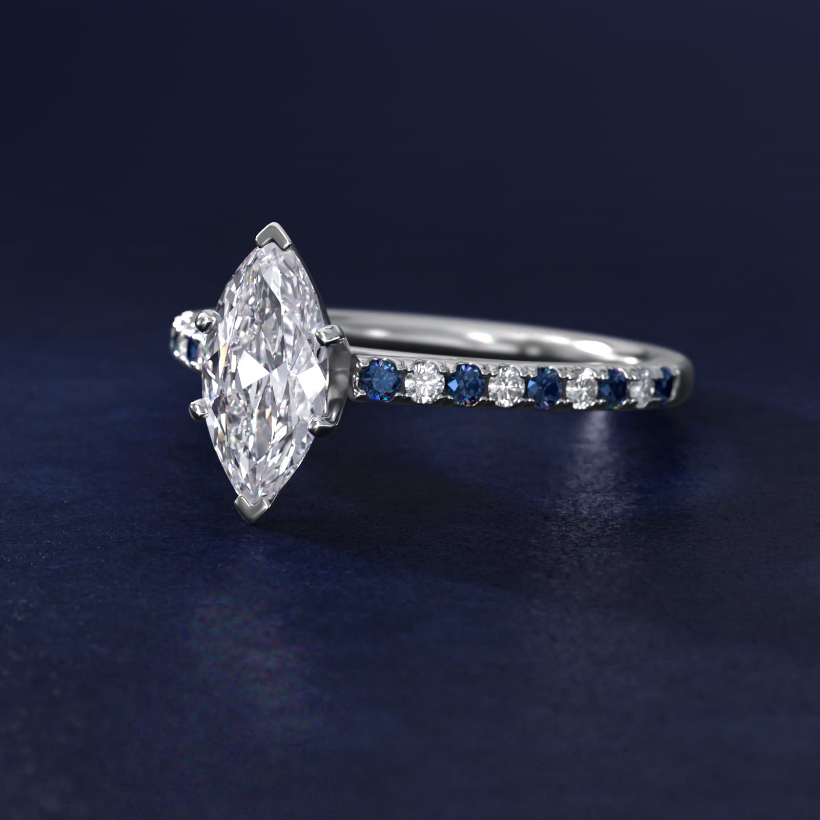 Riviera MicropavŽ Sapphire and Diamond Engagement Ring in 18k White Gold - Marquise Center