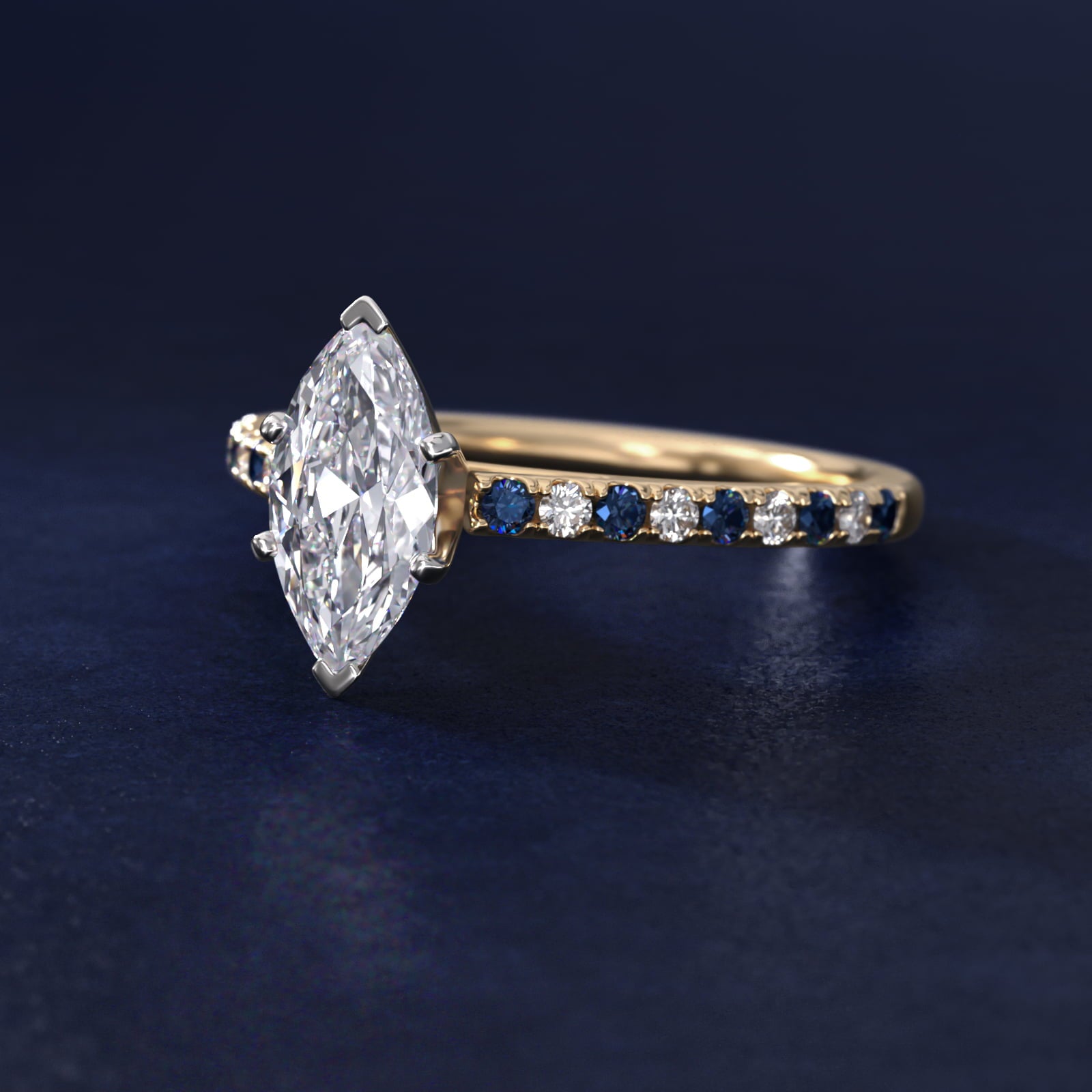 Riviera MicropavŽ Sapphire and Diamond Engagement Ring in 18k Yellow Gold - Marquise Center