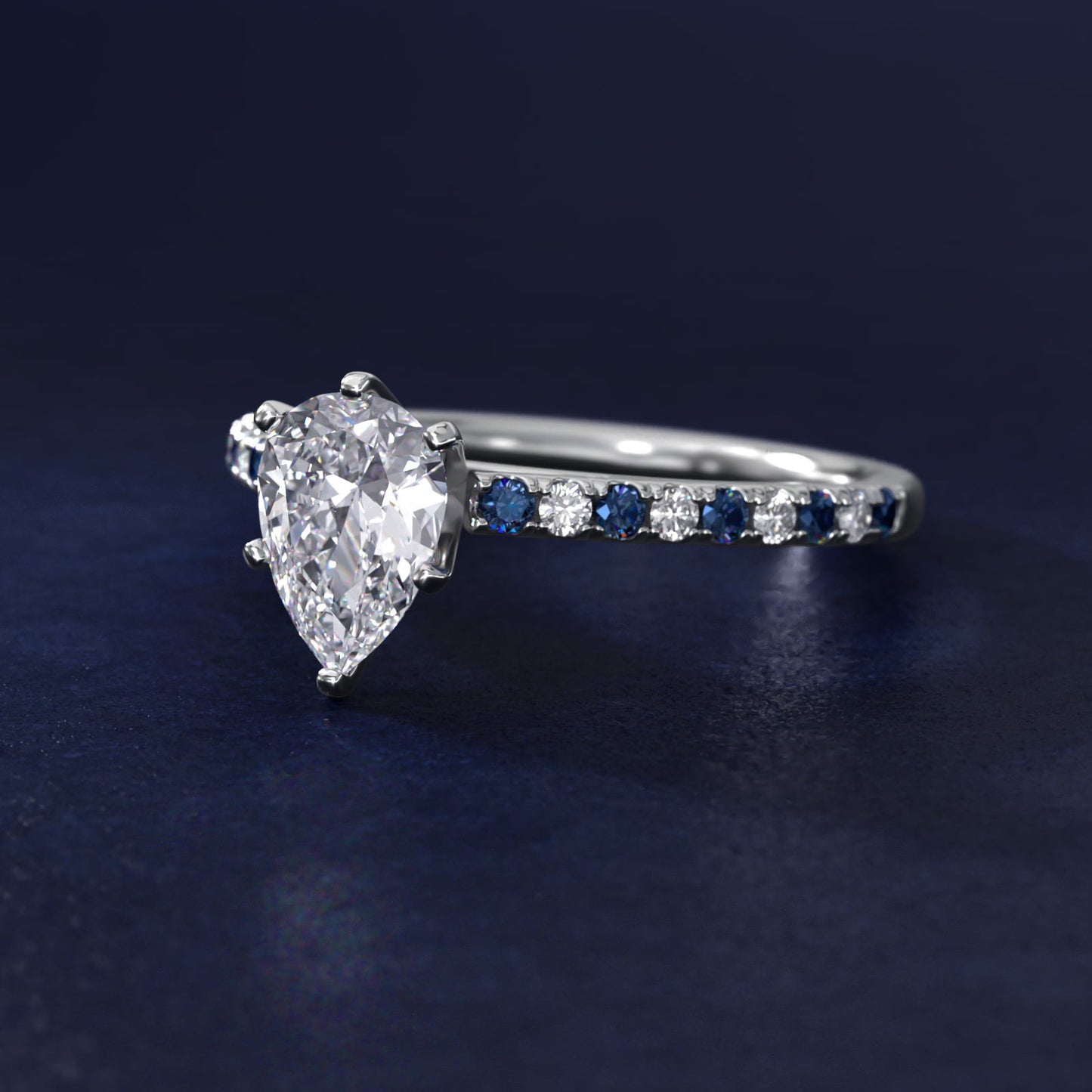 Riviera MicropavŽ Sapphire and Diamond Engagement Ring in 18k White Gold - Pear Center
