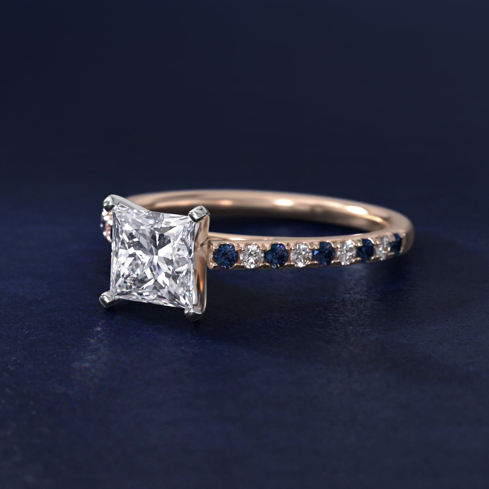 Riviera MicropavŽ Sapphire and Diamond Engagement Ring in 14k Rose Gold - Princess Center