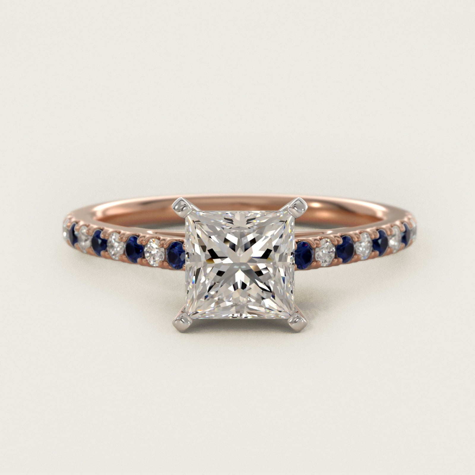 Riviera MicropavŽ Sapphire and Diamond Engagement Ring in 18k Rose Gold - Princess Center