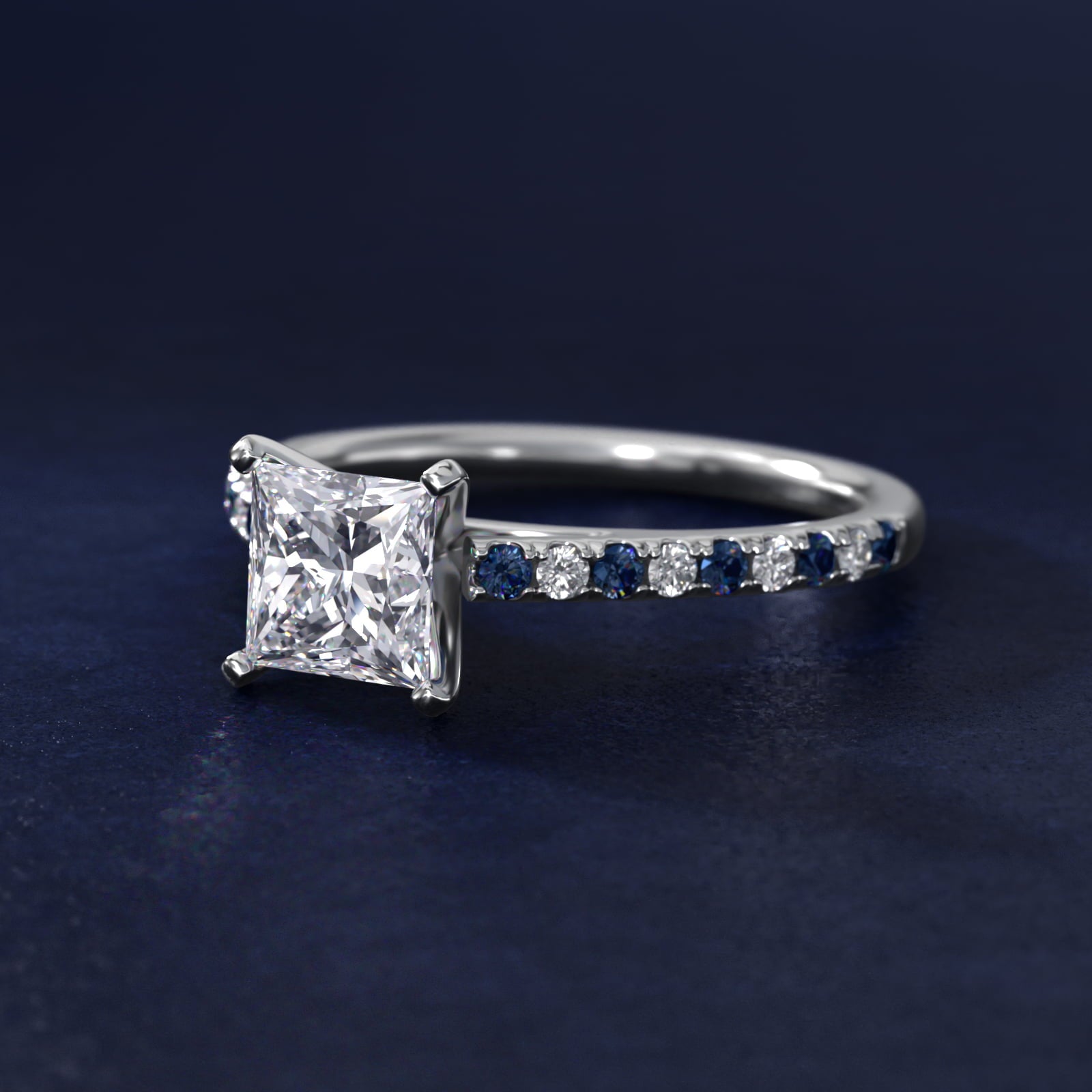 Riviera MicropavŽ Sapphire and Diamond Engagement Ring in 14k White Gold - Princess Center