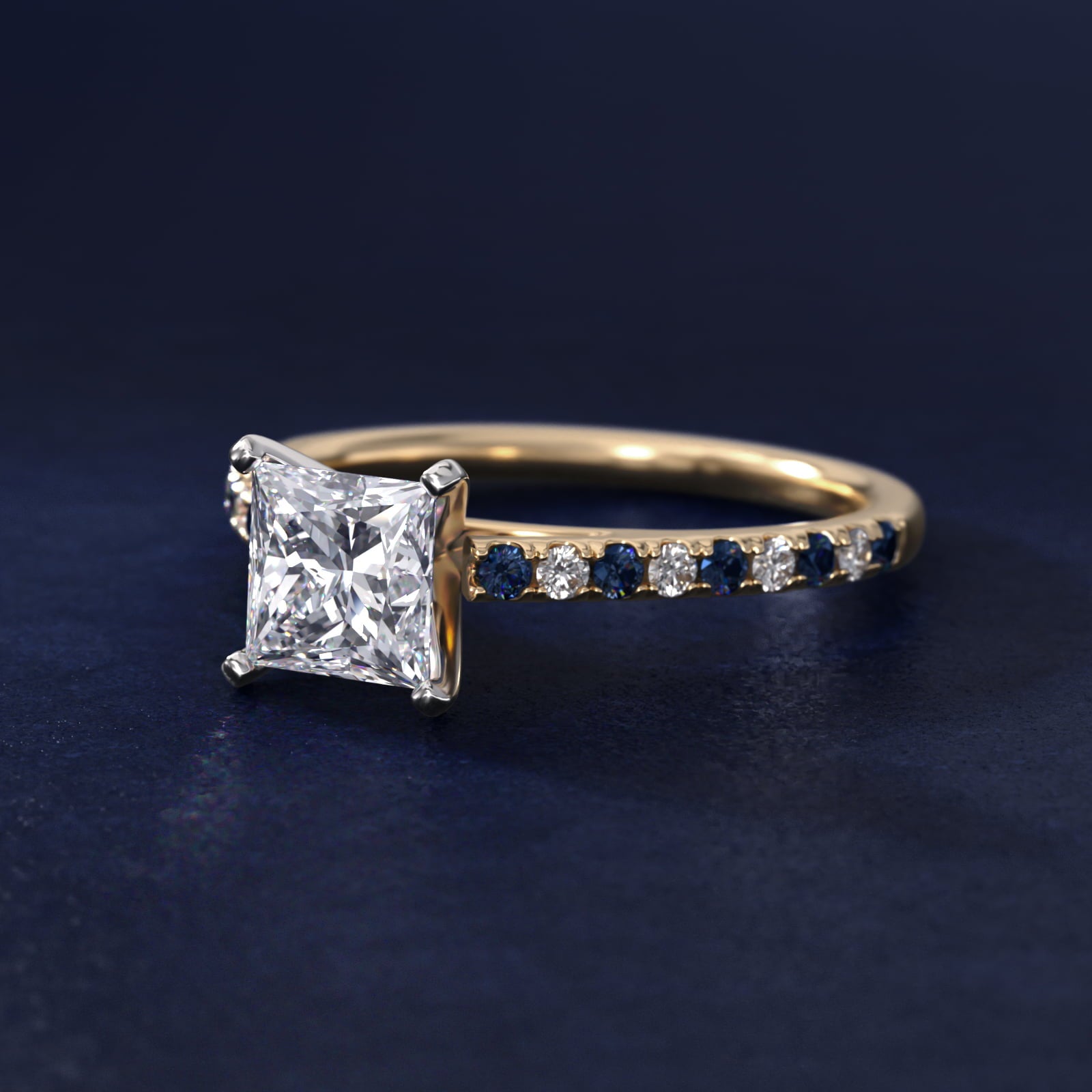 Riviera MicropavŽ Sapphire and Diamond Engagement Ring in 14K Yellow Gold - Princess Center