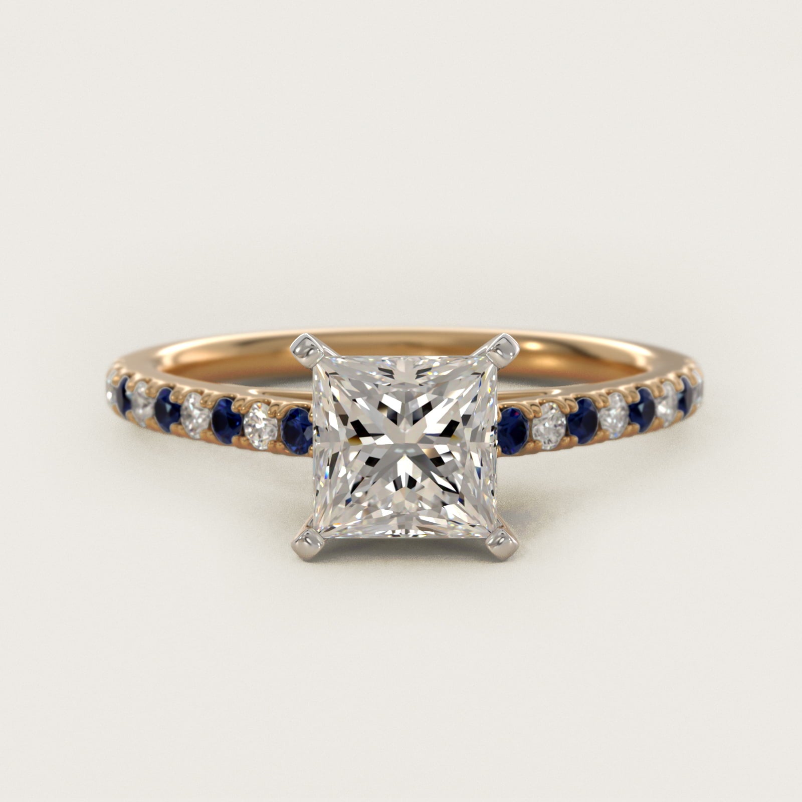 Riviera MicropavŽ Sapphire and Diamond Engagement Ring in 14K Yellow Gold - Princess Center