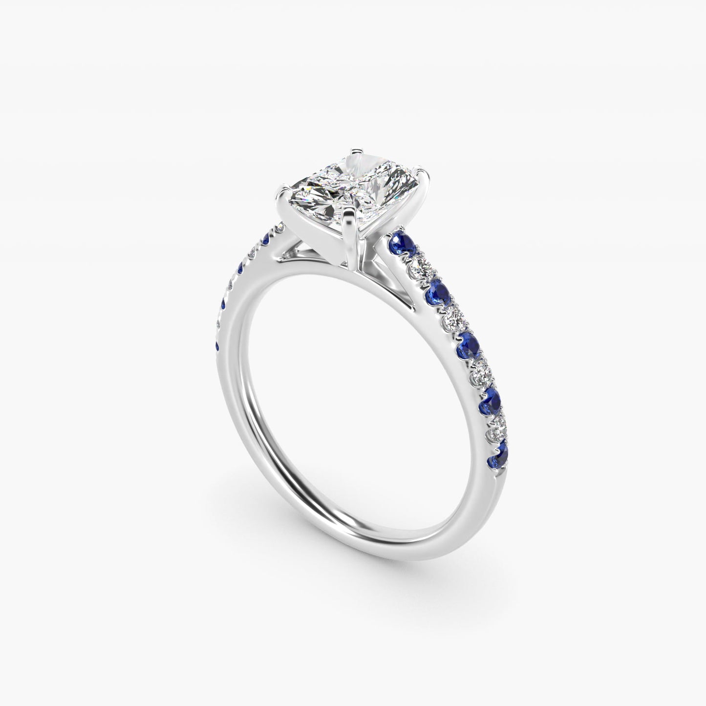 Riviera MicropavŽ Sapphire and Diamond Engagement Ring in 18k White Gold - Radiant Center