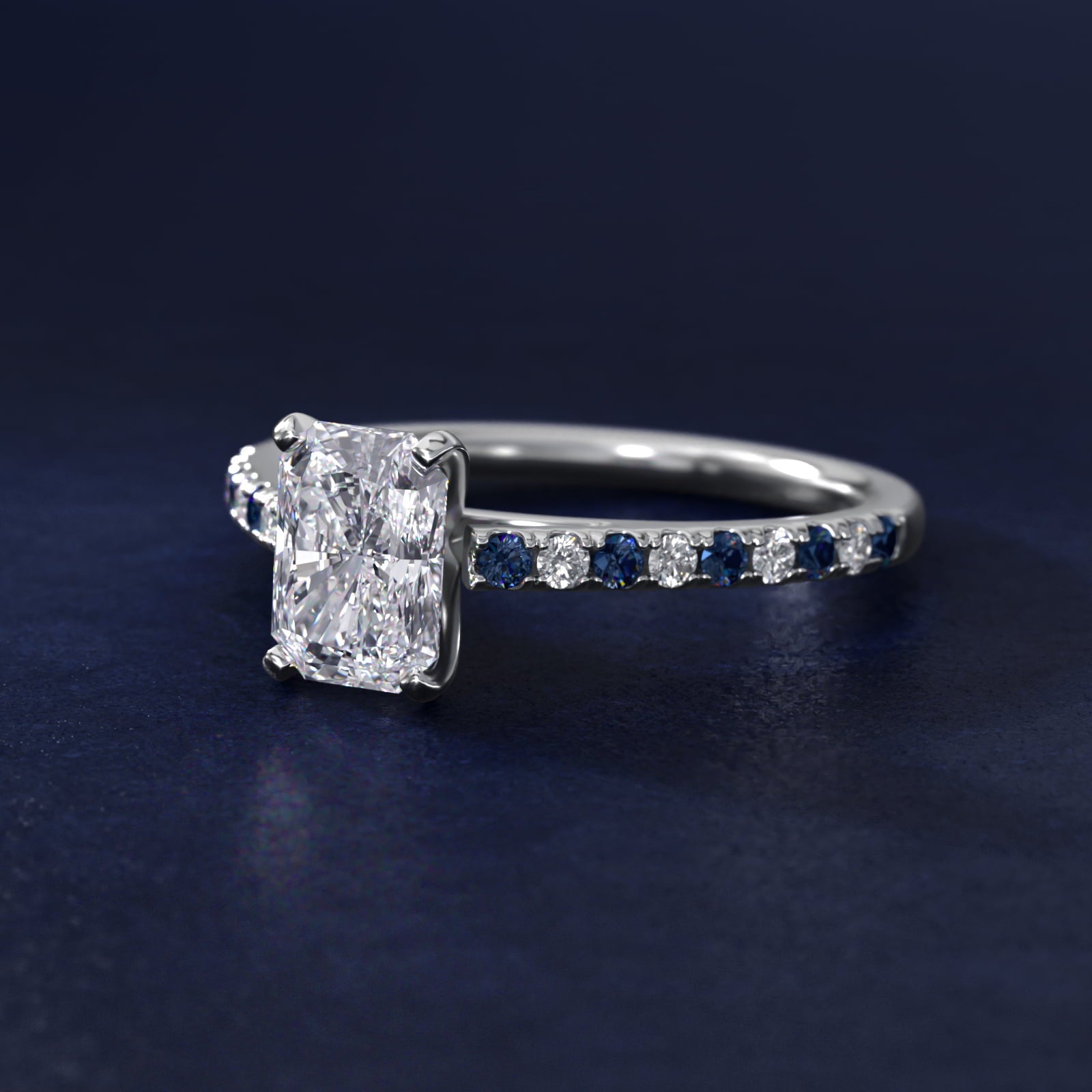 Riviera MicropavŽ Sapphire and Diamond Engagement Ring in 18k White Gold - Radiant Center