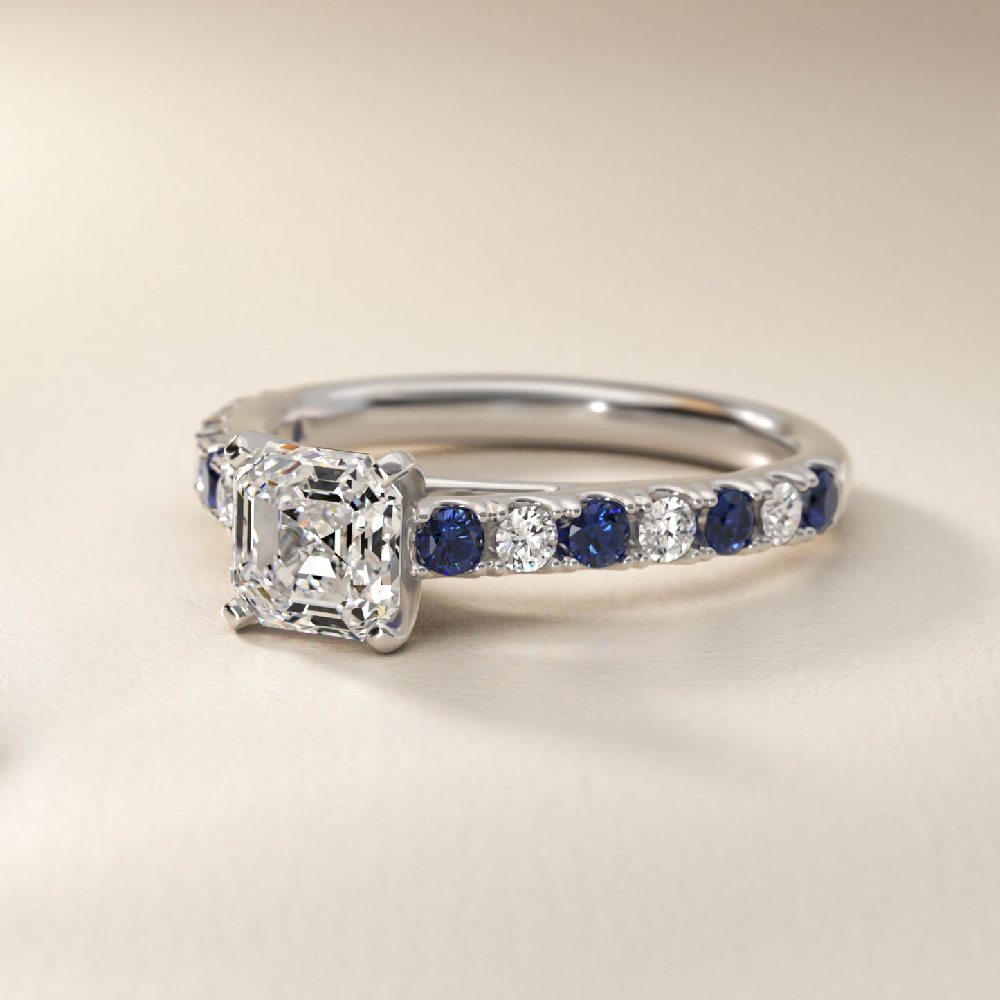 Riviera PavŽ Sapphire and Diamond Engagement Ring in 14k White Gold - Asscher Center