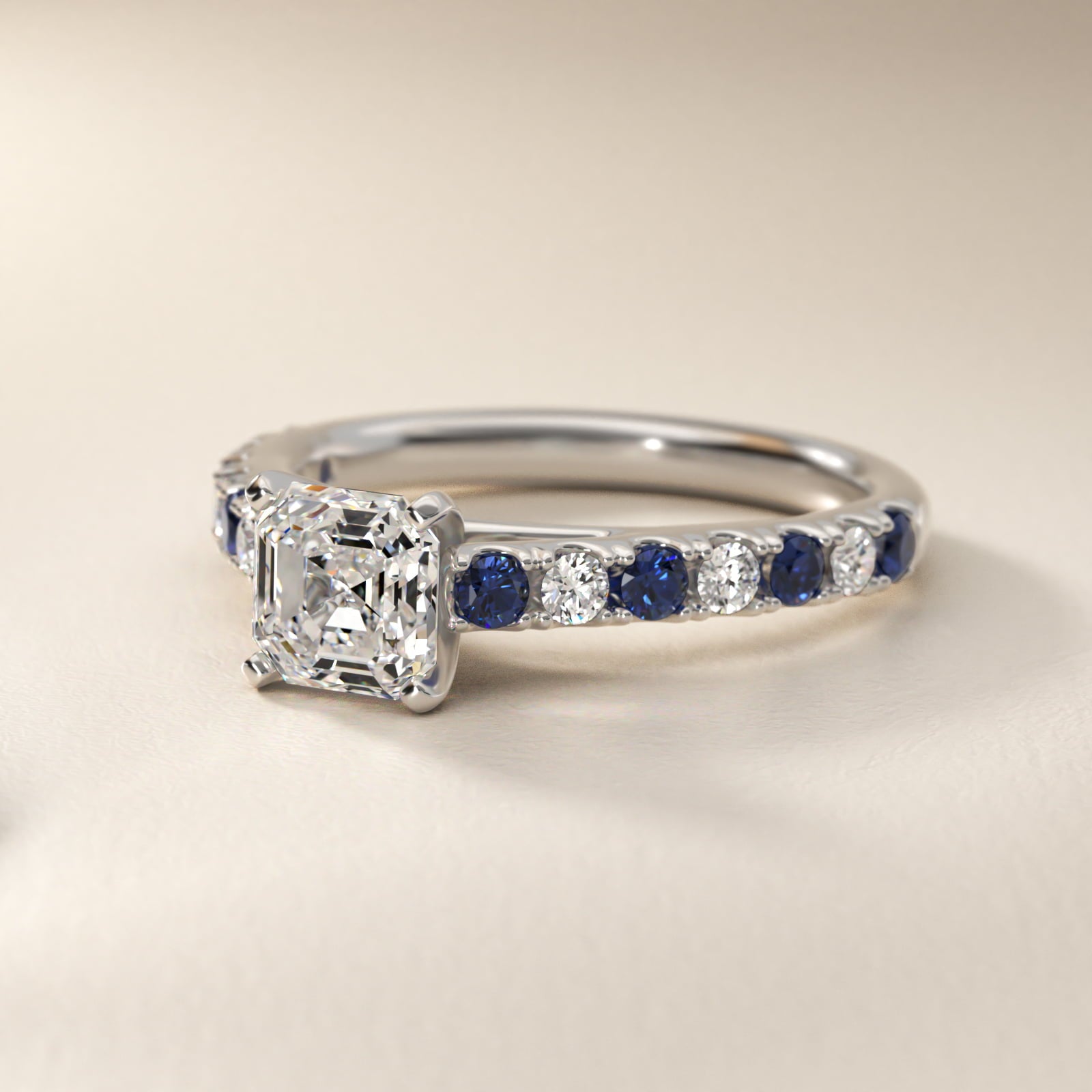 Riviera PavŽ Sapphire and Diamond Engagement Ring in 14k White Gold - Asscher Center