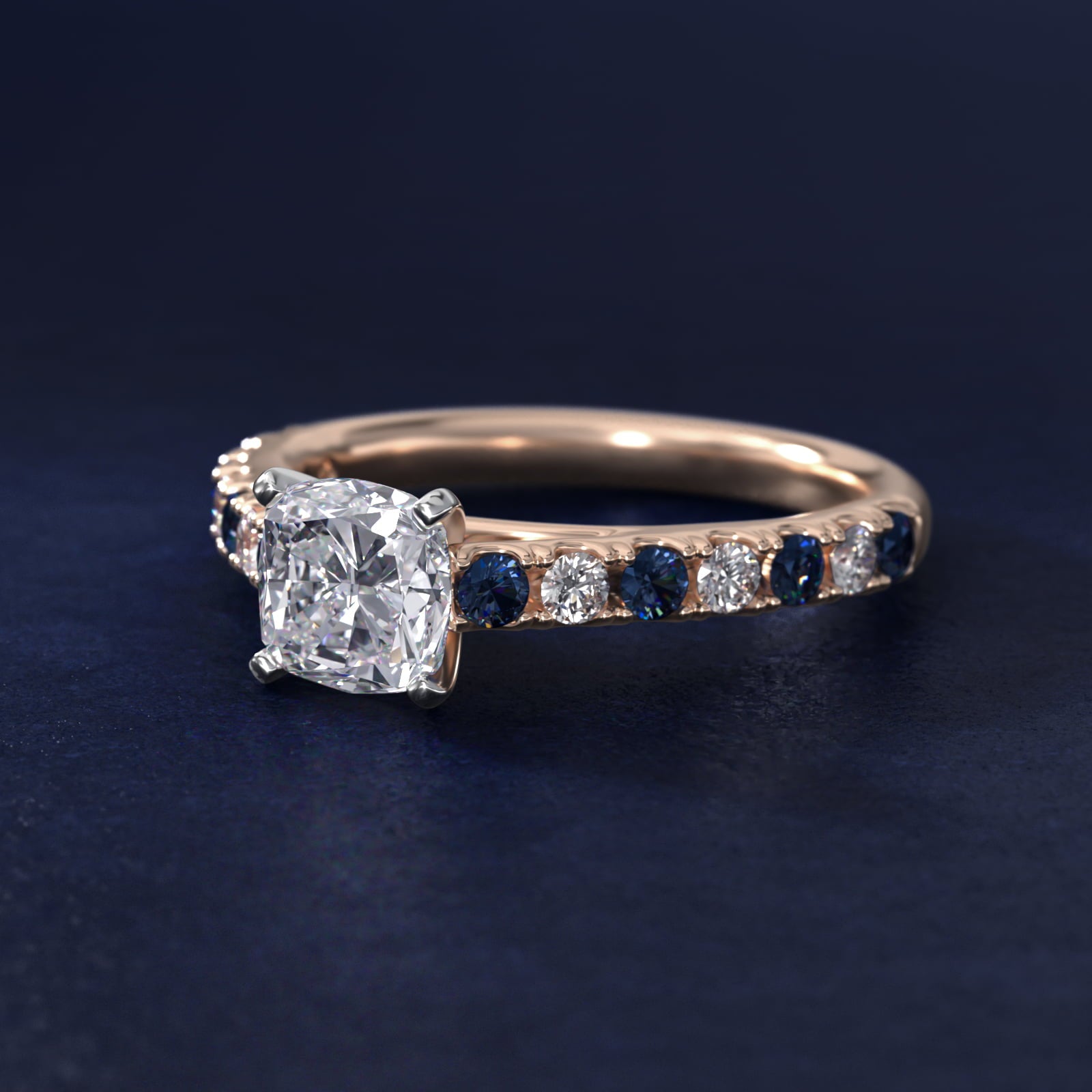 Riviera PavŽ Sapphire and Diamond Engagement Ring in 14k Rose Gold - Cushion Center