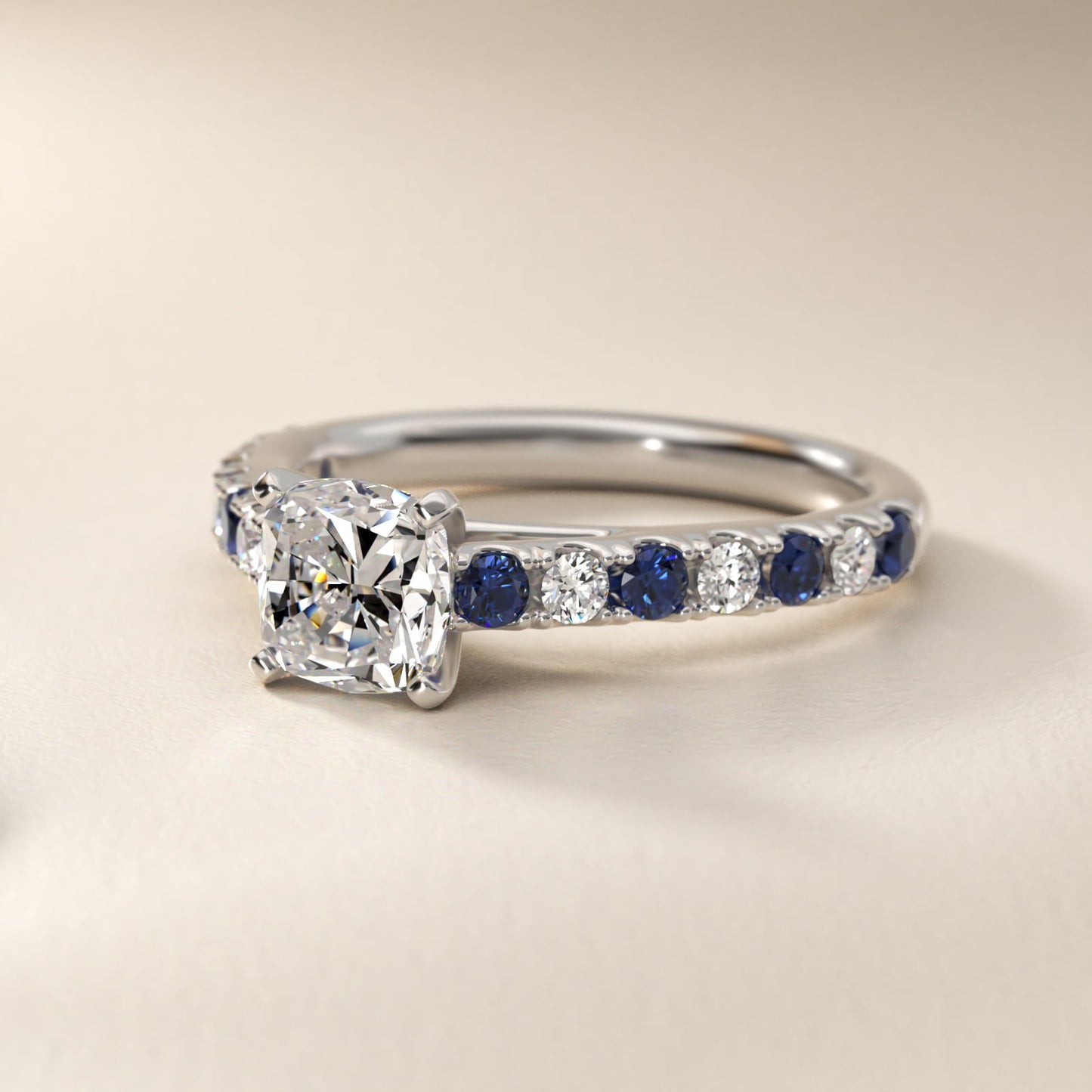 Riviera Pav? Sapphire and Diamond Engagement Ring in 18k White Gold - Cushion Center