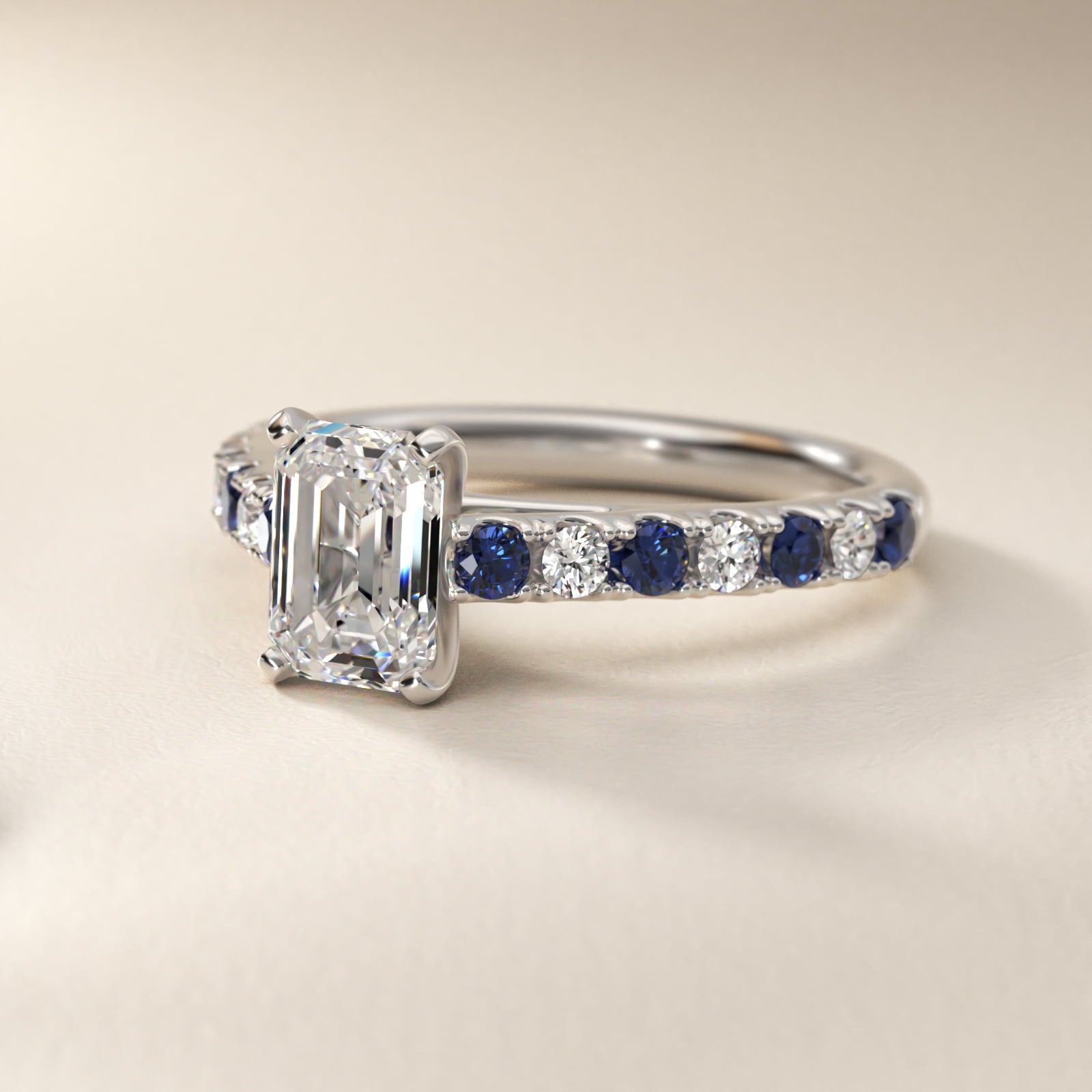 Riviera PavŽ Sapphire and Diamond Engagement Ring in 14k White Gold - Emerald Center