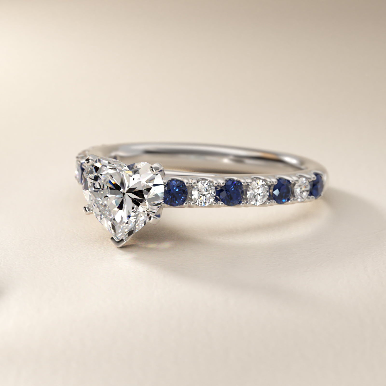 Riviera PavŽ Sapphire and Diamond Engagement Ring in 14k White Gold - Heart Center