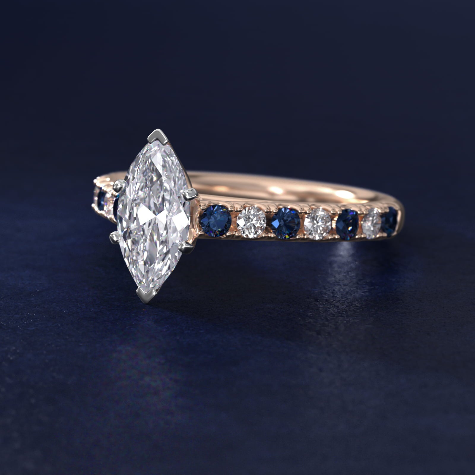 Riviera PavŽ Sapphire and Diamond Engagement Ring in 14k Rose Gold - Marquise Center