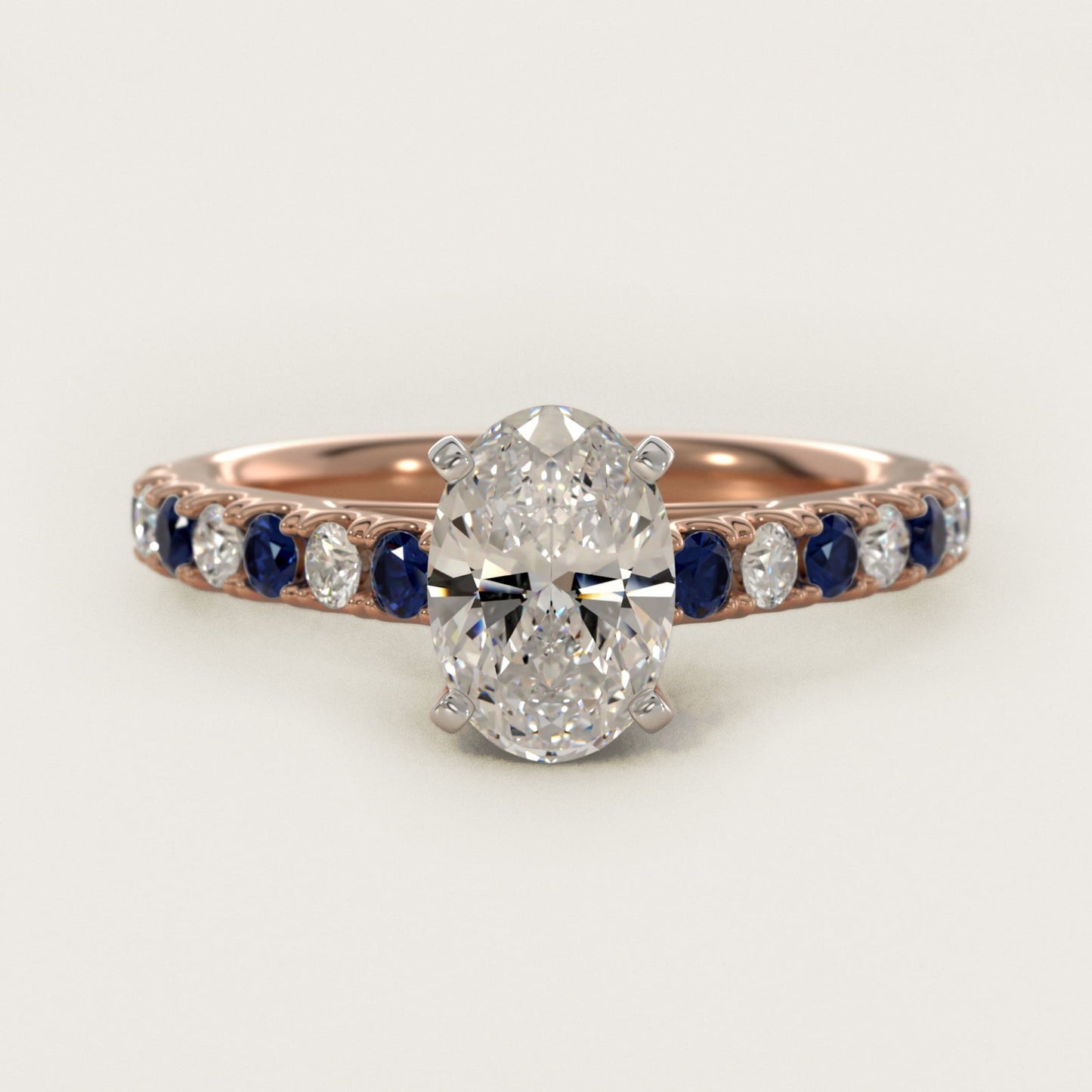 Riviera Pav? Sapphire and Diamond Engagement Ring in 18k Rose Gold - Oval Center
