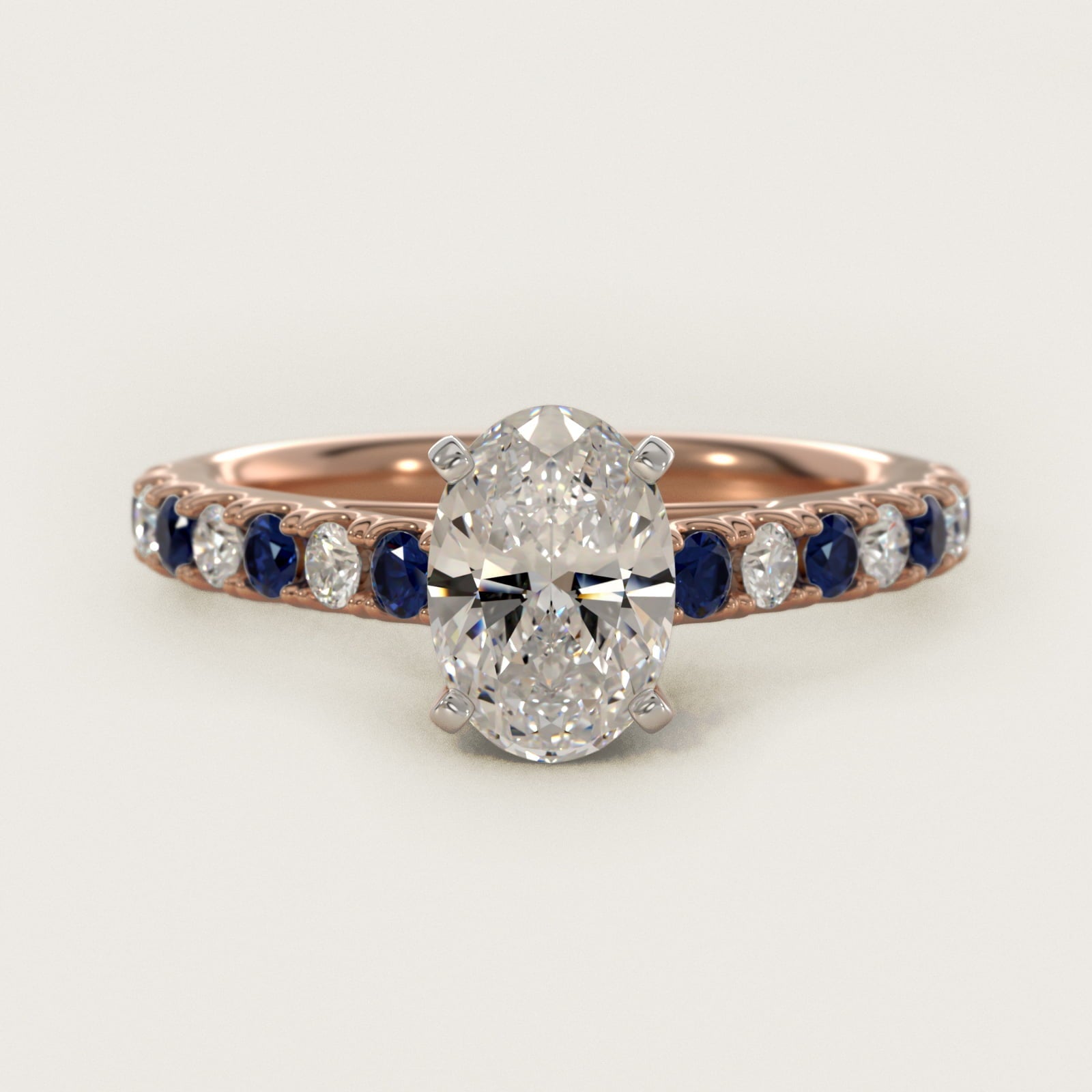 Riviera Pav? Sapphire and Diamond Engagement Ring in 18k Rose Gold - Oval Center