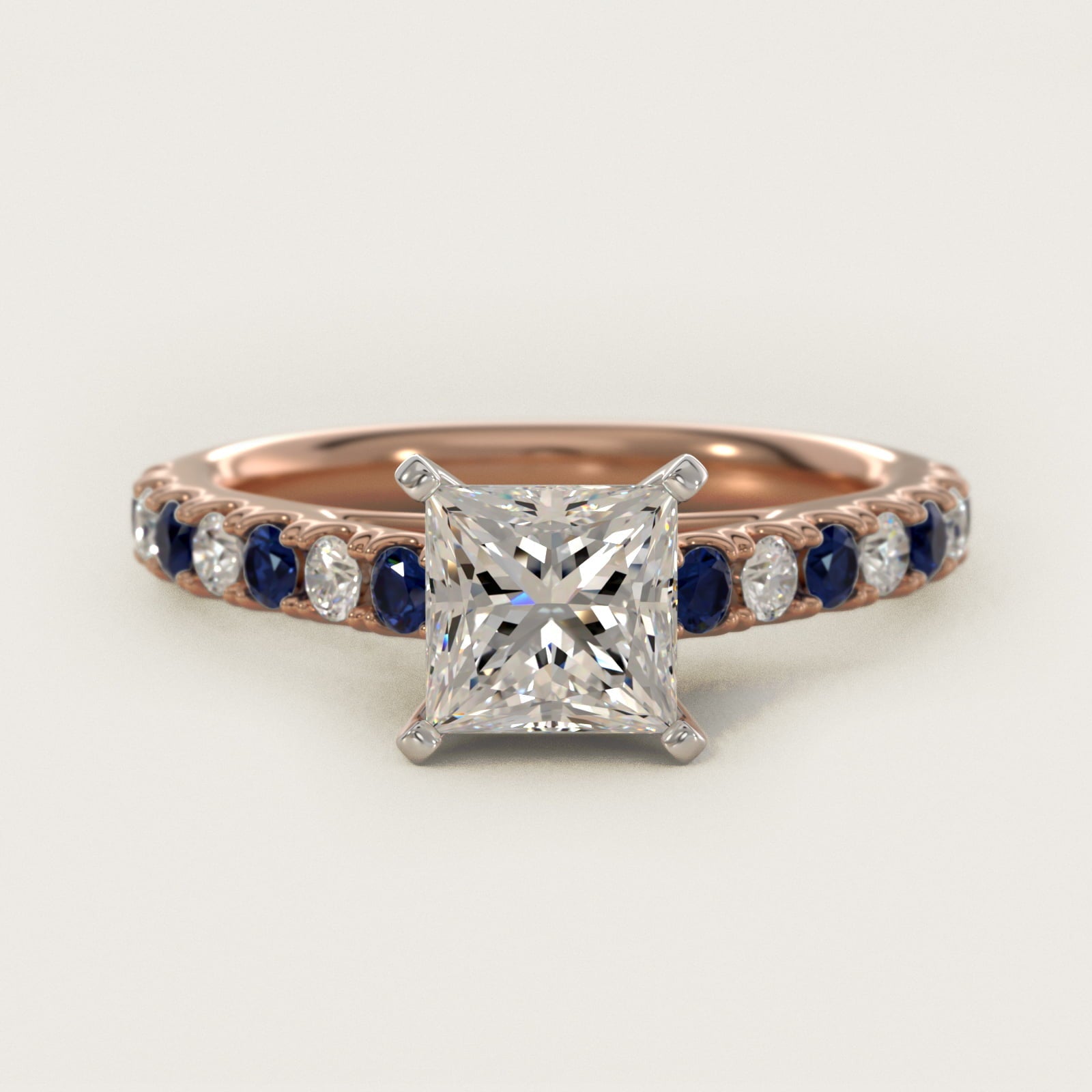 Riviera Pav? Sapphire and Diamond Engagement Ring in 18k Rose Gold - Princess Center