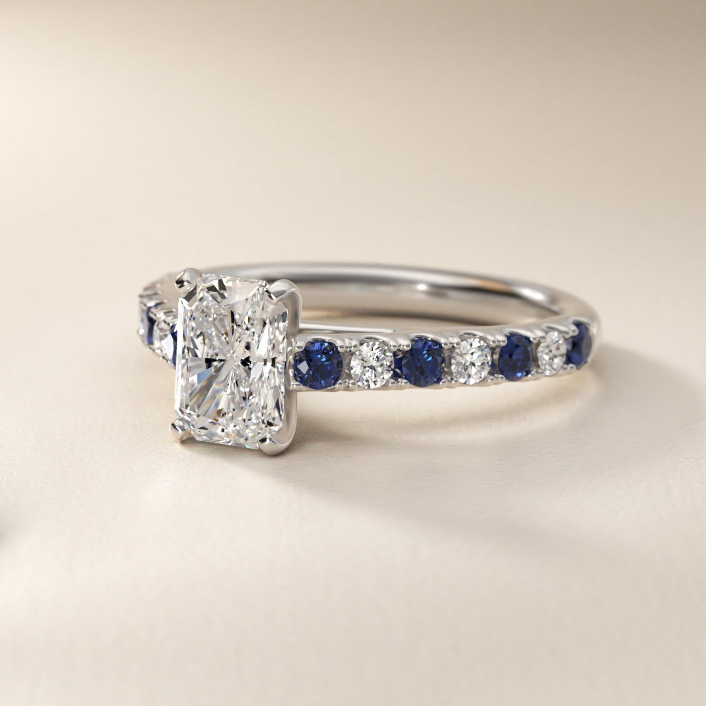 Riviera PavŽ Sapphire and Diamond Engagement Ring in 14k White Gold - Radiant Center