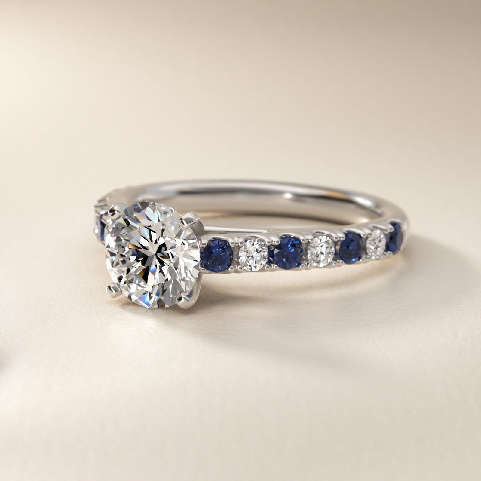 Riviera PavŽ Sapphire and Diamond Engagement Ring in 14k White Gold - Round Center
