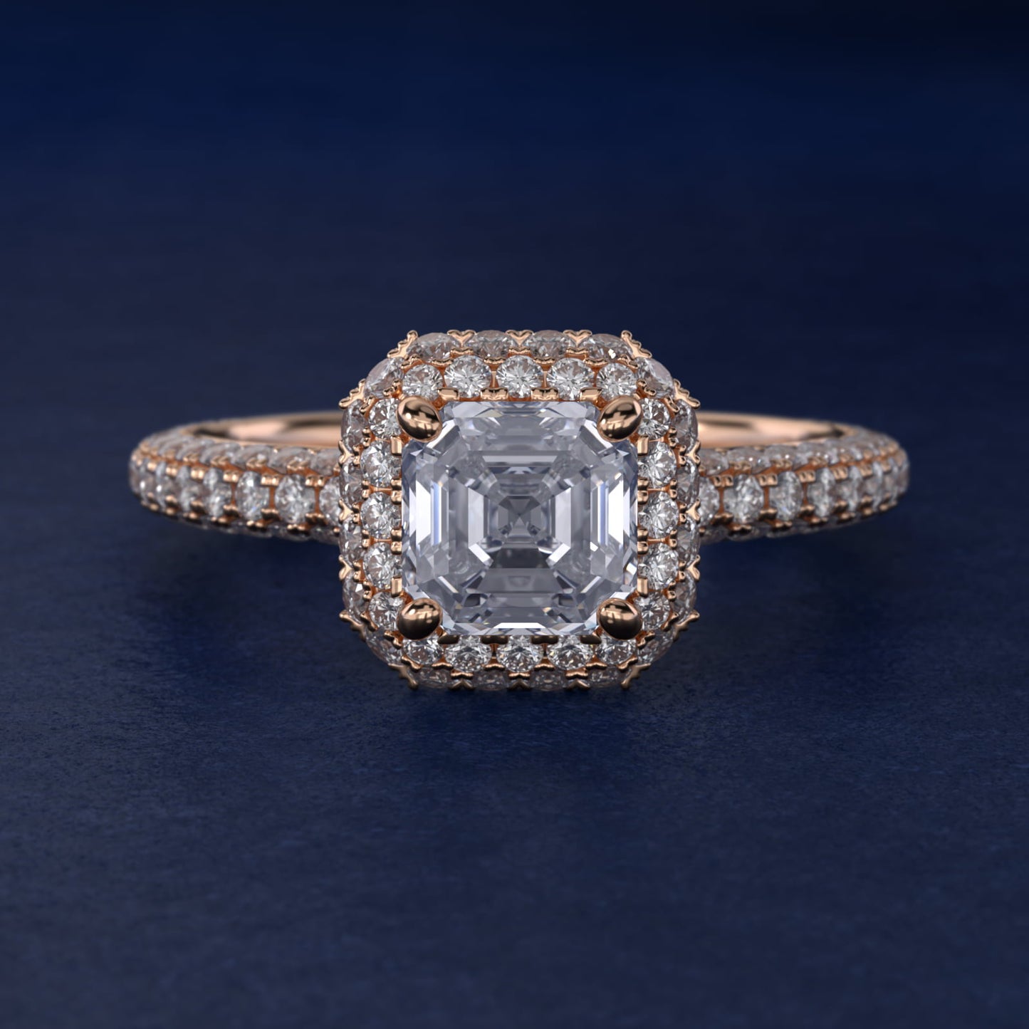 Rollover Halo Diamond Basket and PavŽ Shank Engagement Ring in 14k Rose Gold (7/8 ct. tw.) - Asscher Center