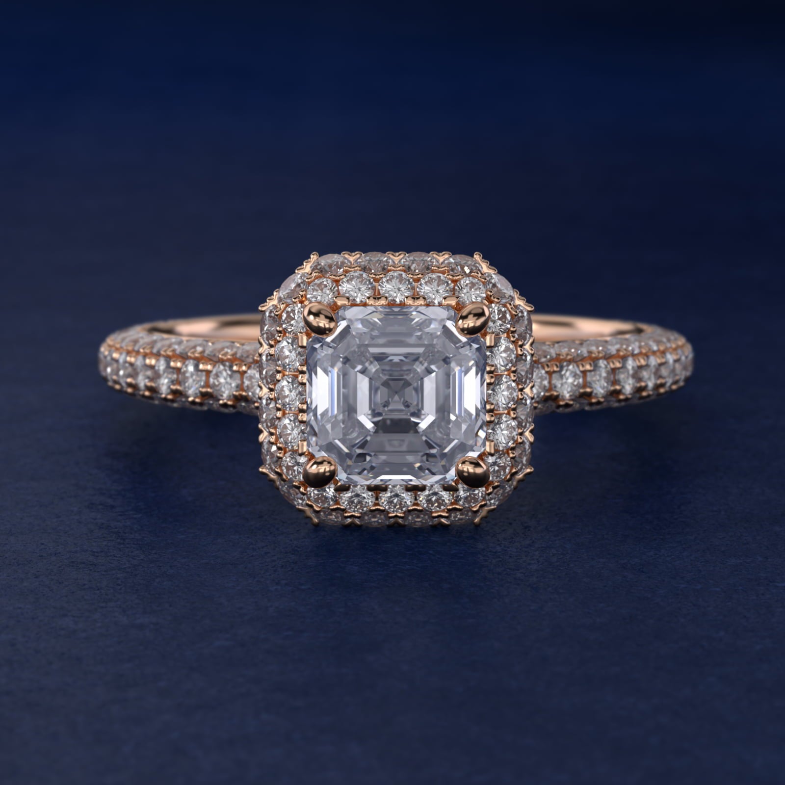 Rollover Halo Diamond Basket and PavŽ Shank Engagement Ring in 14k Rose Gold (7/8 ct. tw.) - Asscher Center